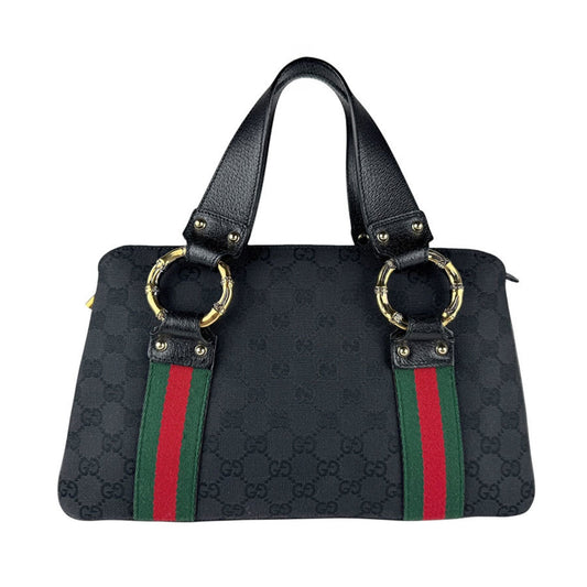 Gucci Black Gg Canvas Leather Handbag