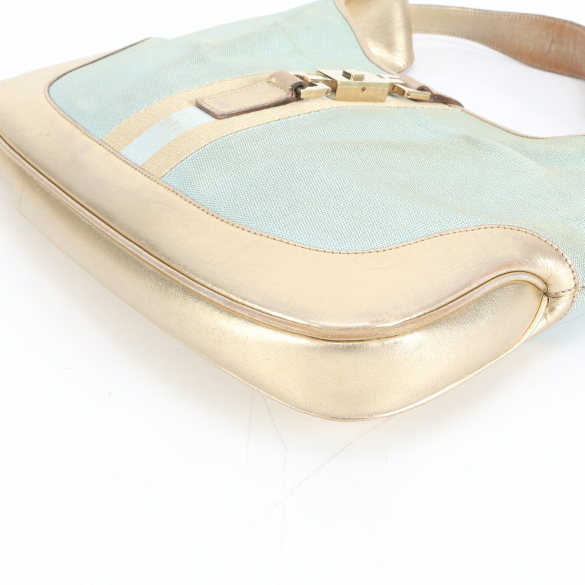 Gucci Blue Gold Leather Canvas Shoulder Bag