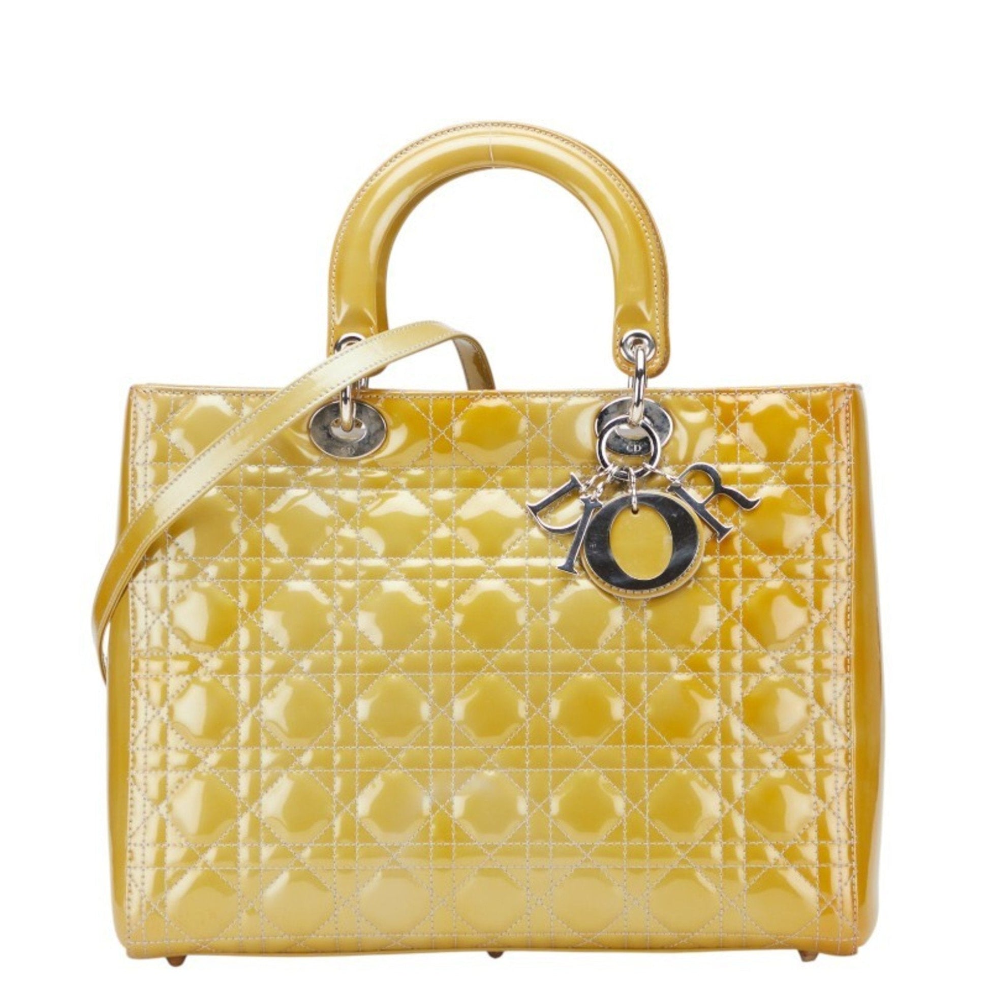 Dior Handbag Christian Lady Shoulder Bag Leather Patent Yellow