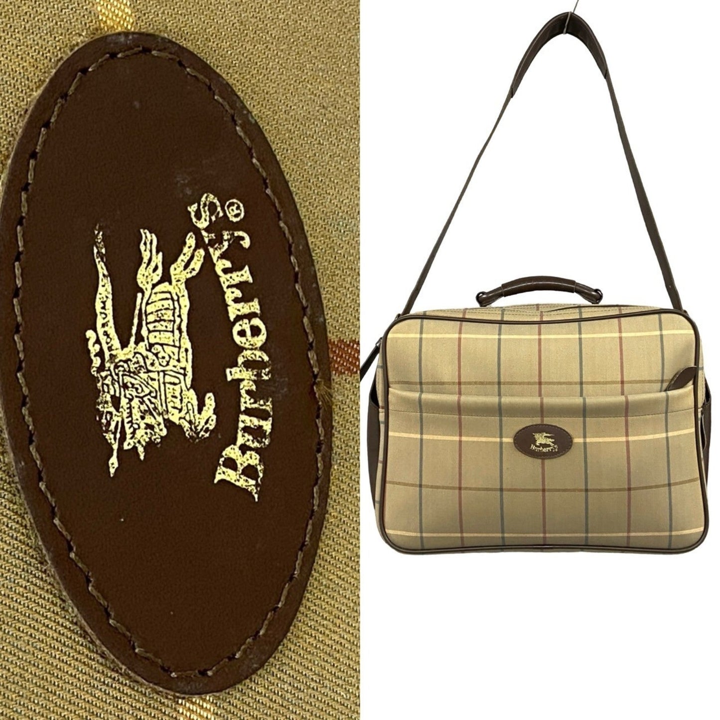 Burberry Khaki Boston Bag Shoulder Bag Leather Canvas Brown