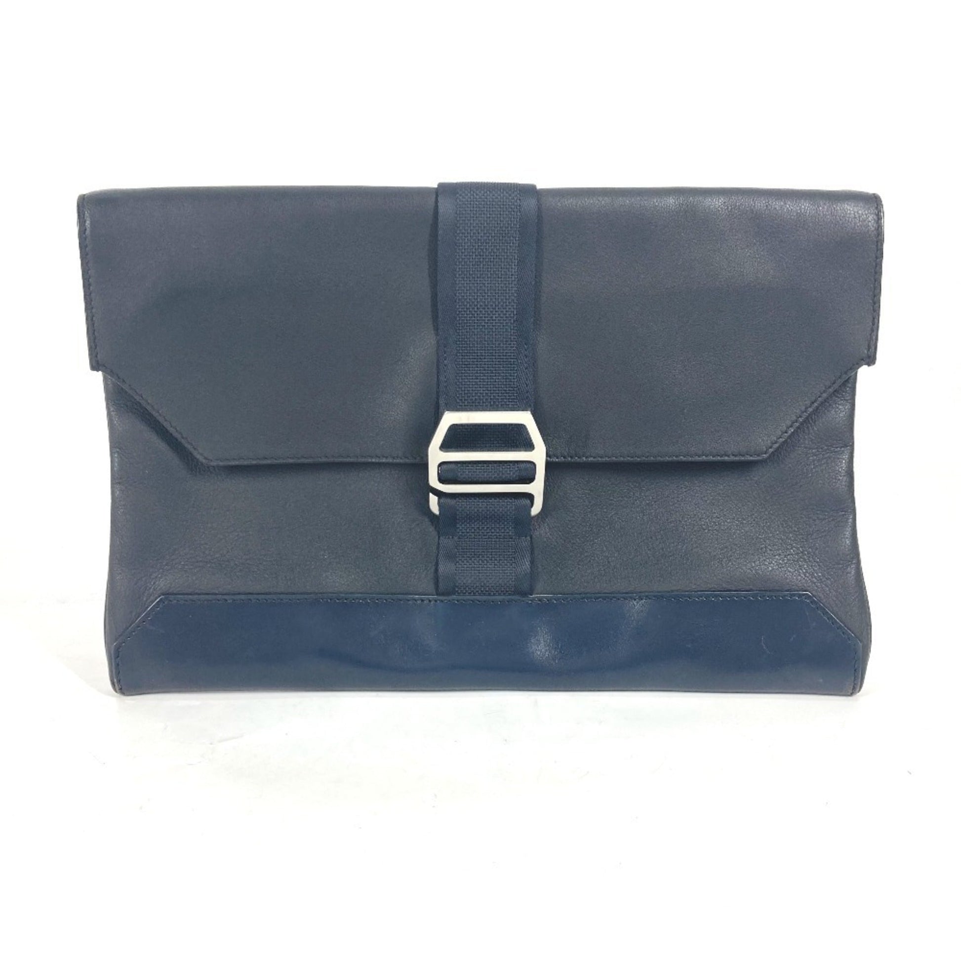 Hermes Clutch Bag Pouch Leather Navy
