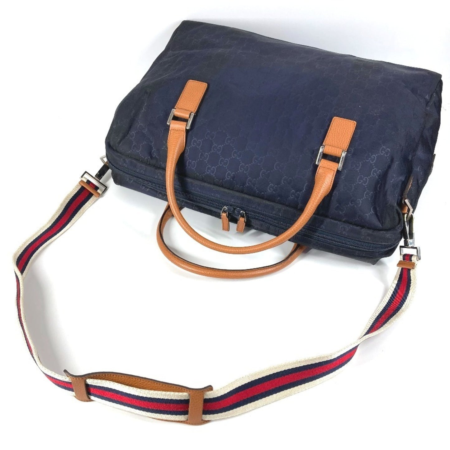 Gucci Brown Navy Nylon Leather Boston Bag