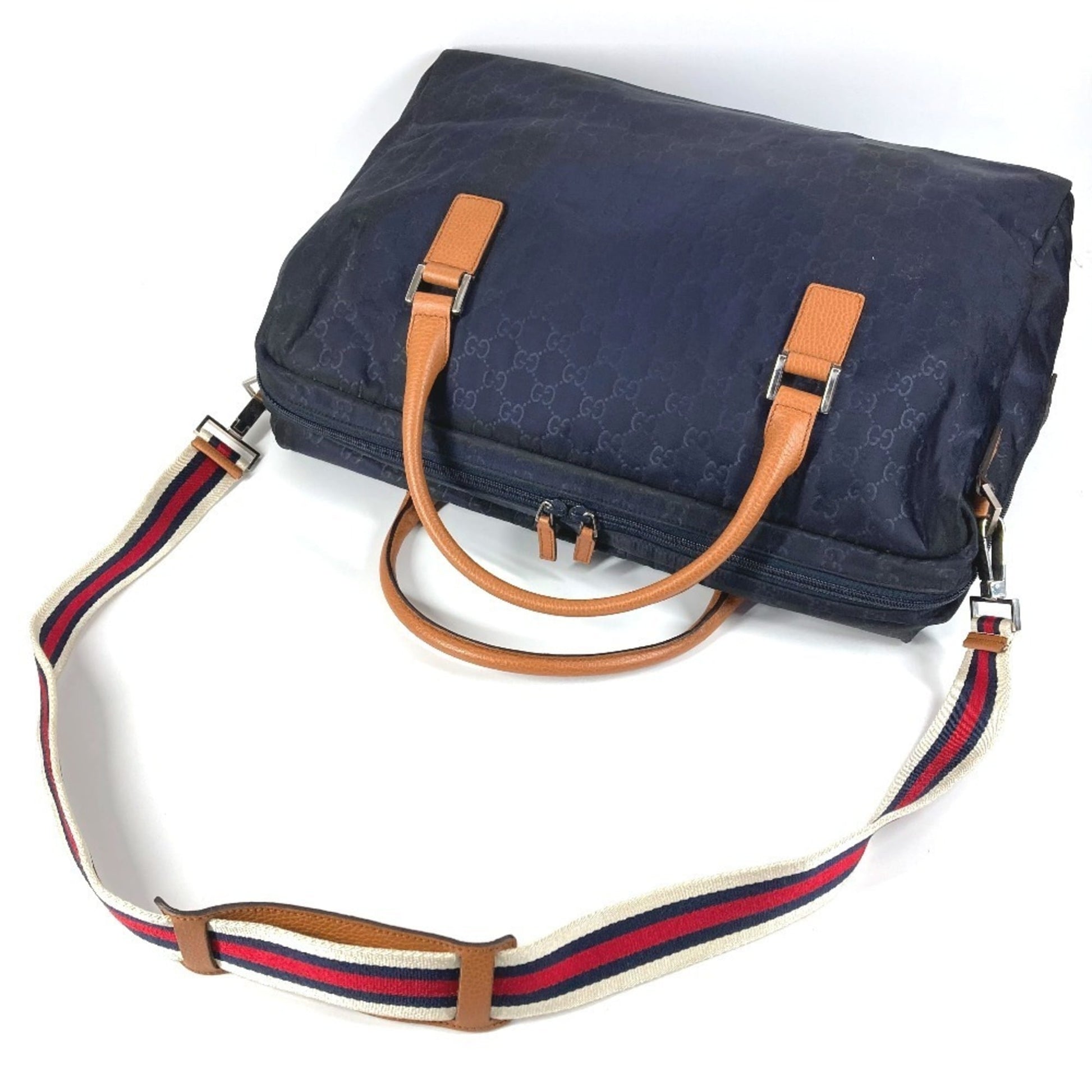 Gucci Brown Navy Nylon Leather Boston Bag