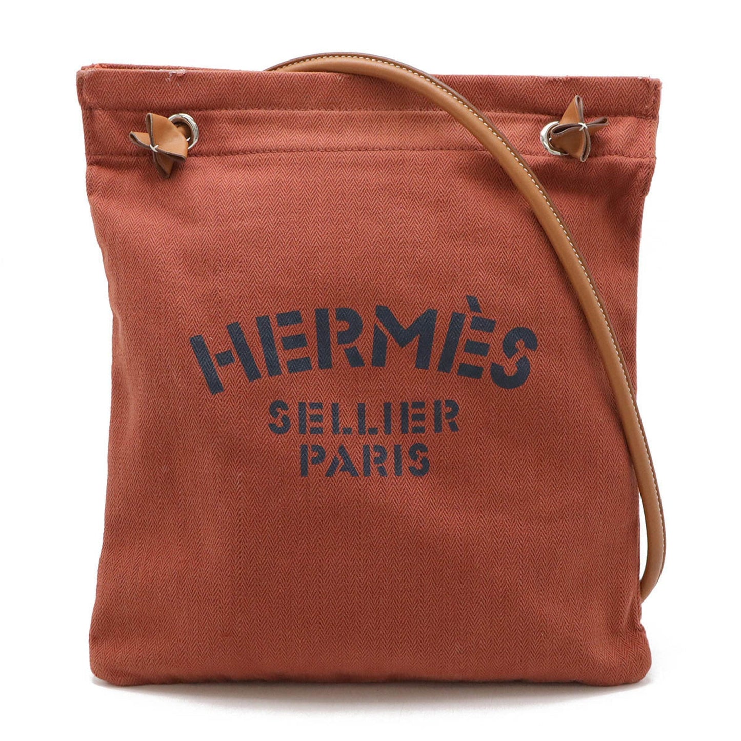 Hermes Toile Chevron Shoulder Bag Leather Brown