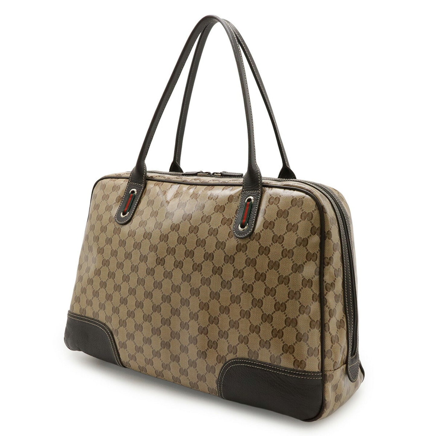 Gucci Beige Brown Dark Brown Green Khaki Red Color Coated Canvas Leather Boston Bag Handbag