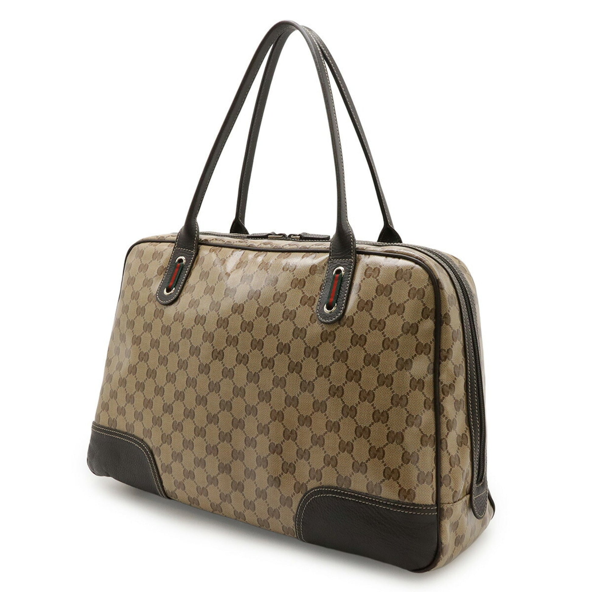 Gucci Beige Brown Dark Brown Green Khaki Red Color Coated Canvas Leather Boston Bag Handbag