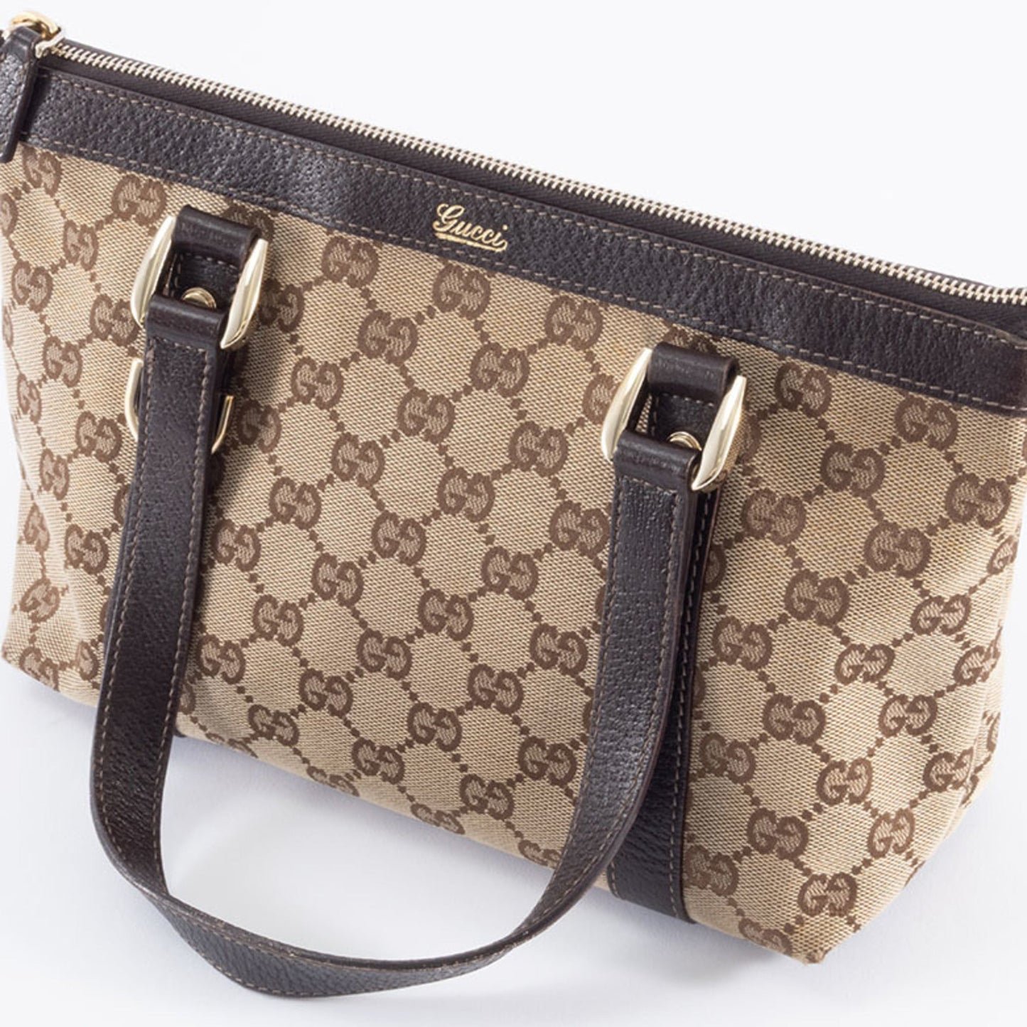 Gucci Gg Canvas Beige Brown Gg Canvas Leather Tote Bag