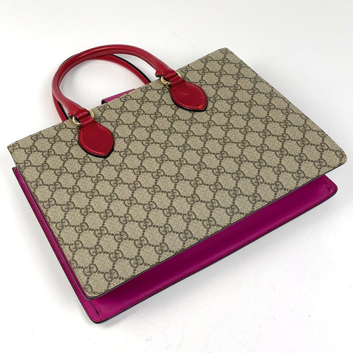 Gucci Brown Pink Red Color Coated Canvas Leather Handbag Shoulder Bag