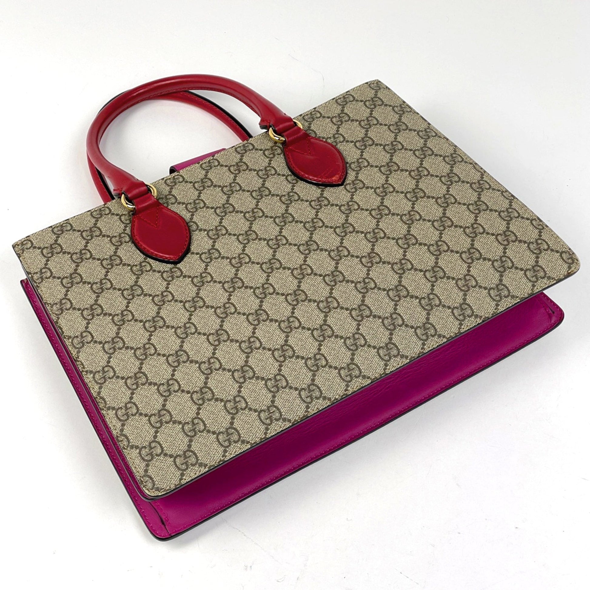 Gucci Brown Pink Red Color Coated Canvas Leather Handbag Shoulder Bag