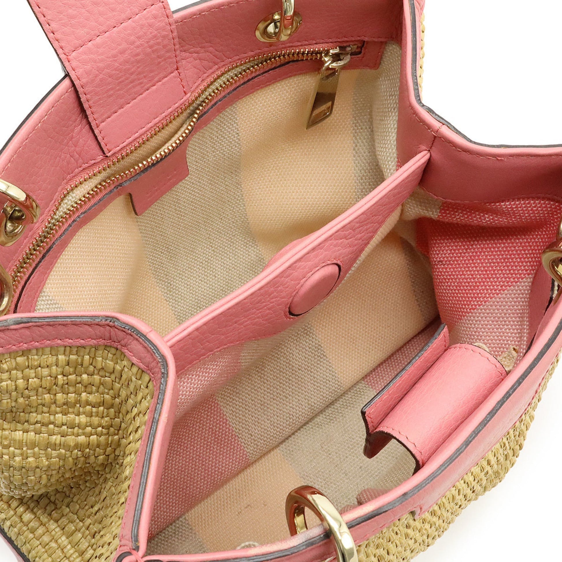 Gucci Pink Straw Leather Bamboo Handbag Shoulder Bag