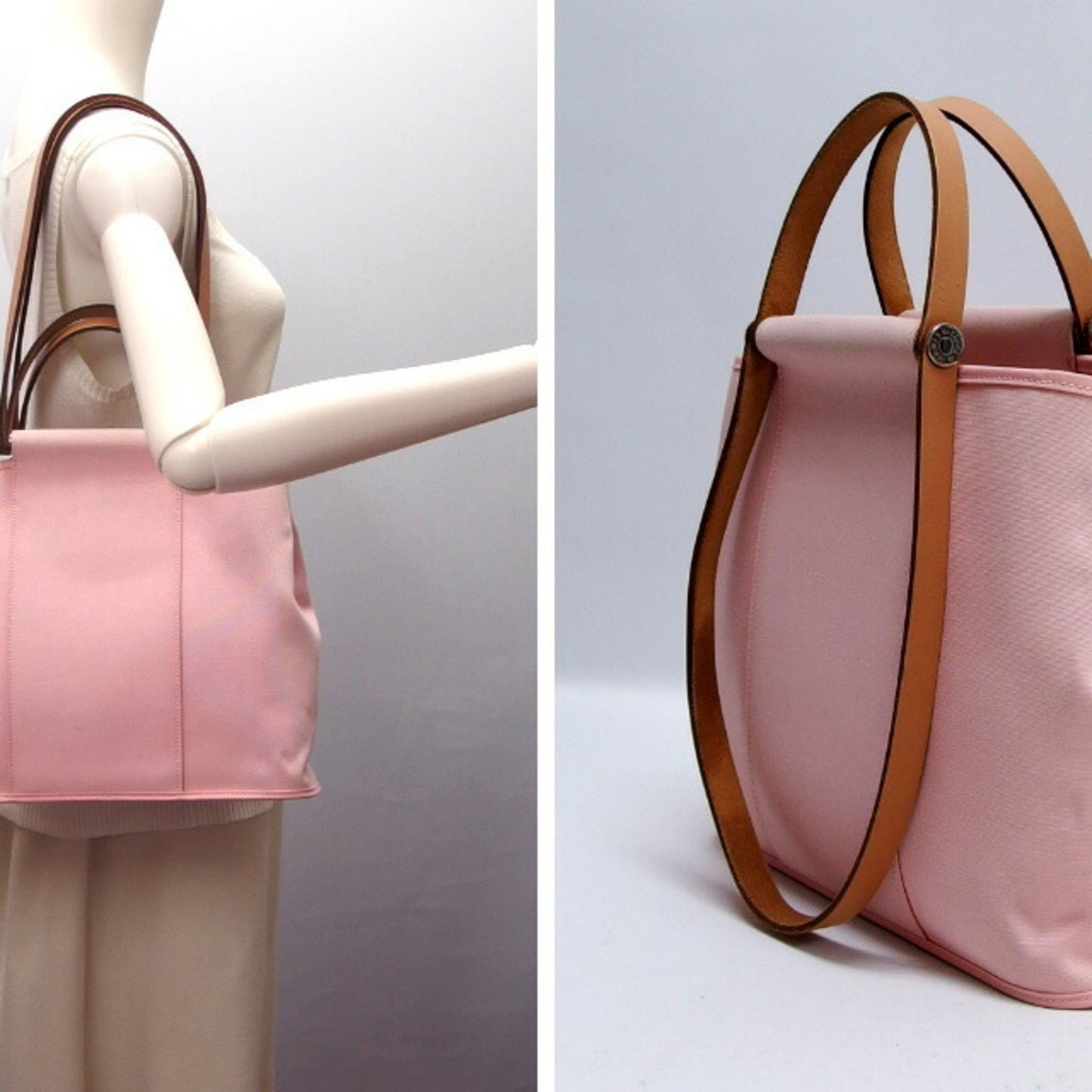 Hermes Cabag Light Toile Officier Handbag Shoulder Bag Tote Pink