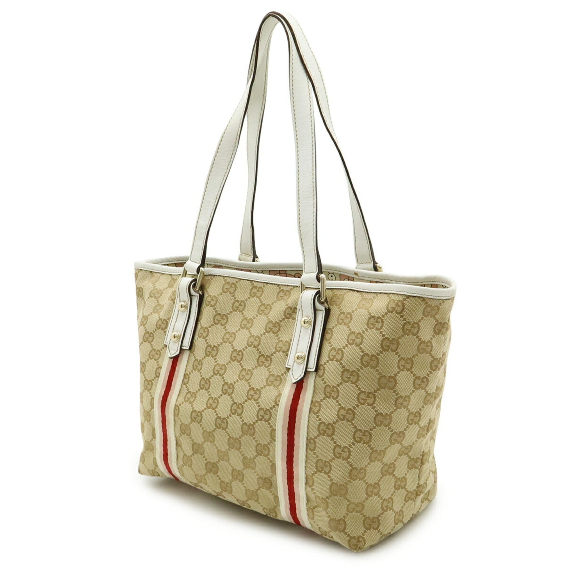 Gucci Beige Khaki White Canvas Leather Shoulder Bag Tote Bag