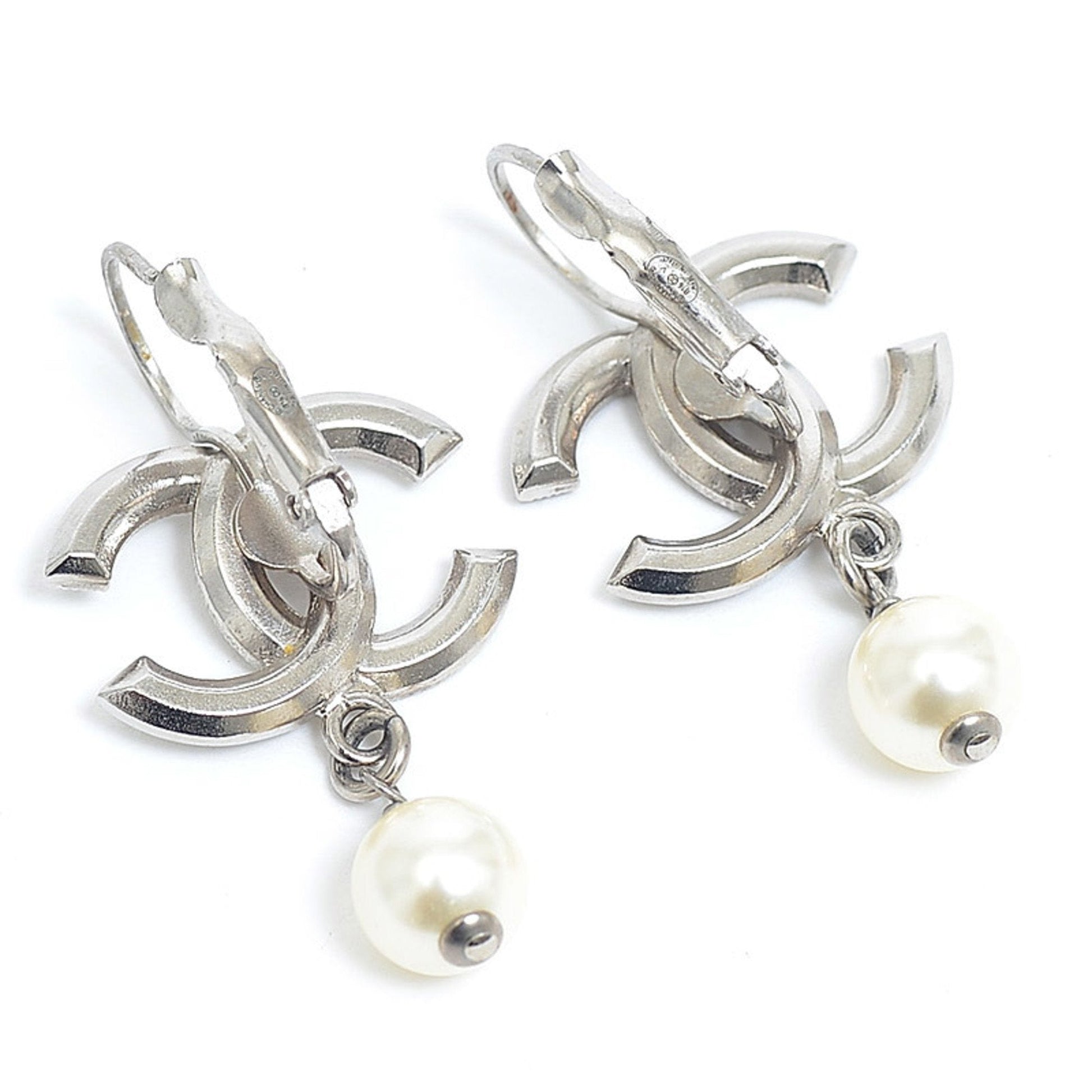 Chanel Earrings Cocomark Pearl Rhinestone Silver B16V