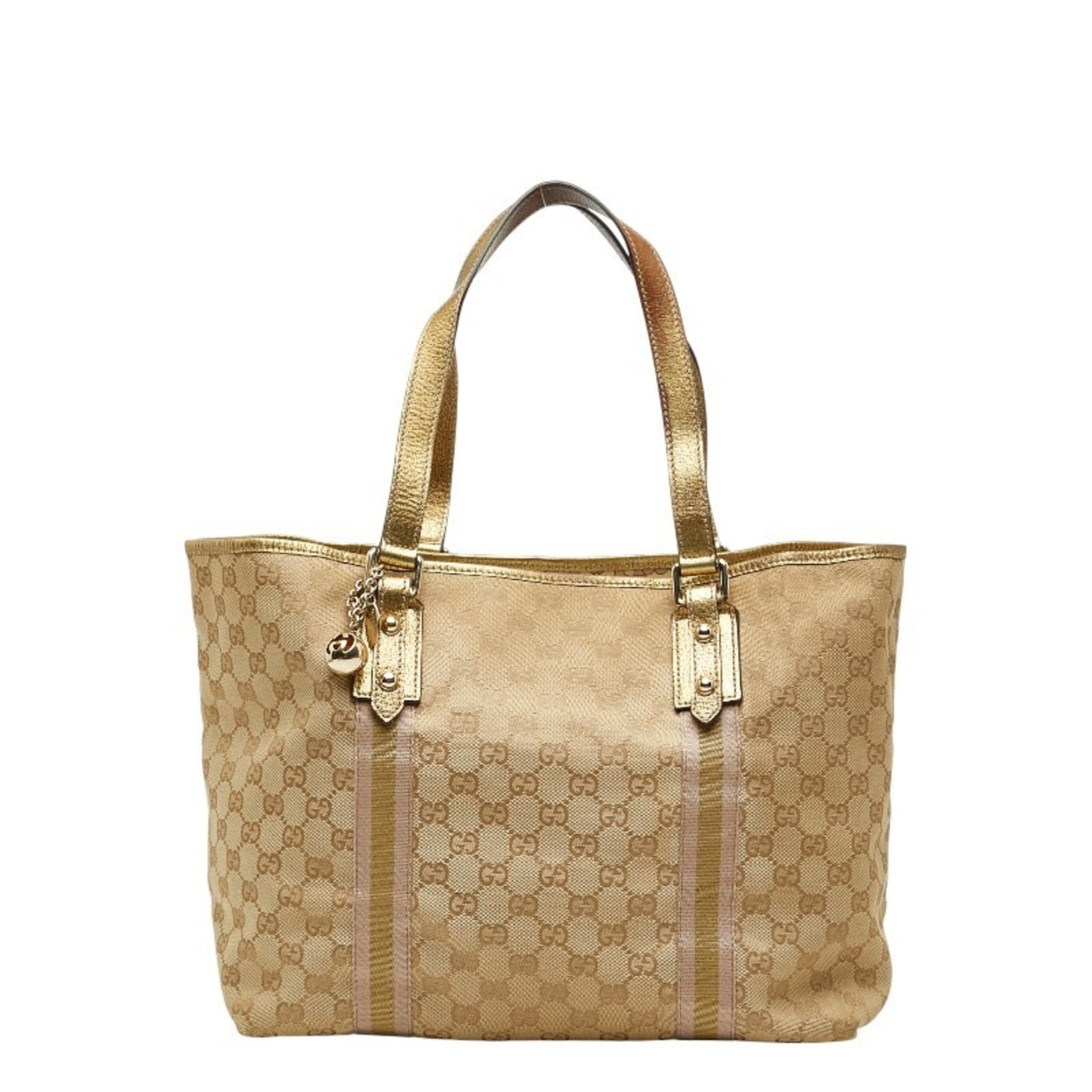 Gucci Brown Gold Canvas Leather Handbag Tote Bag