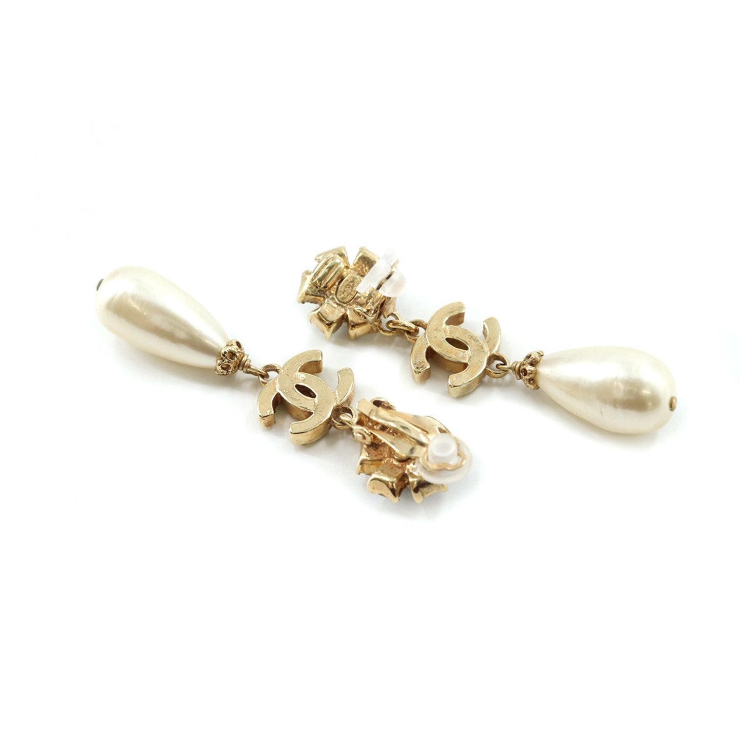 Chanel here mark rhinestone fake pearl earrings gold 05A accessories