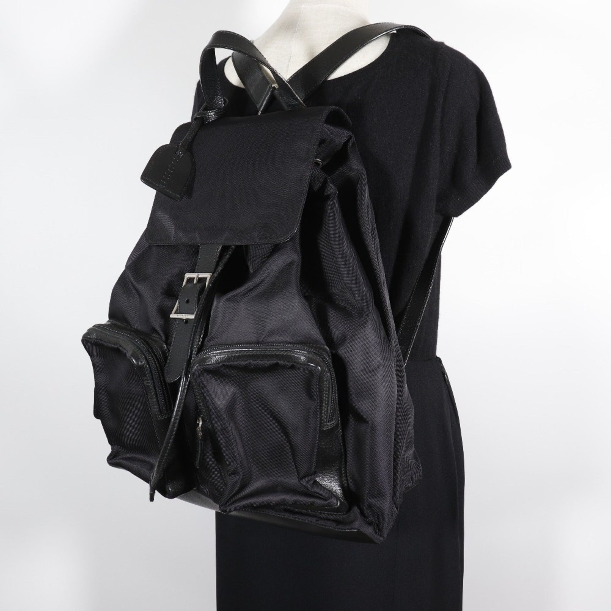 Gucci Black Nylon Canvas Leather Backpack