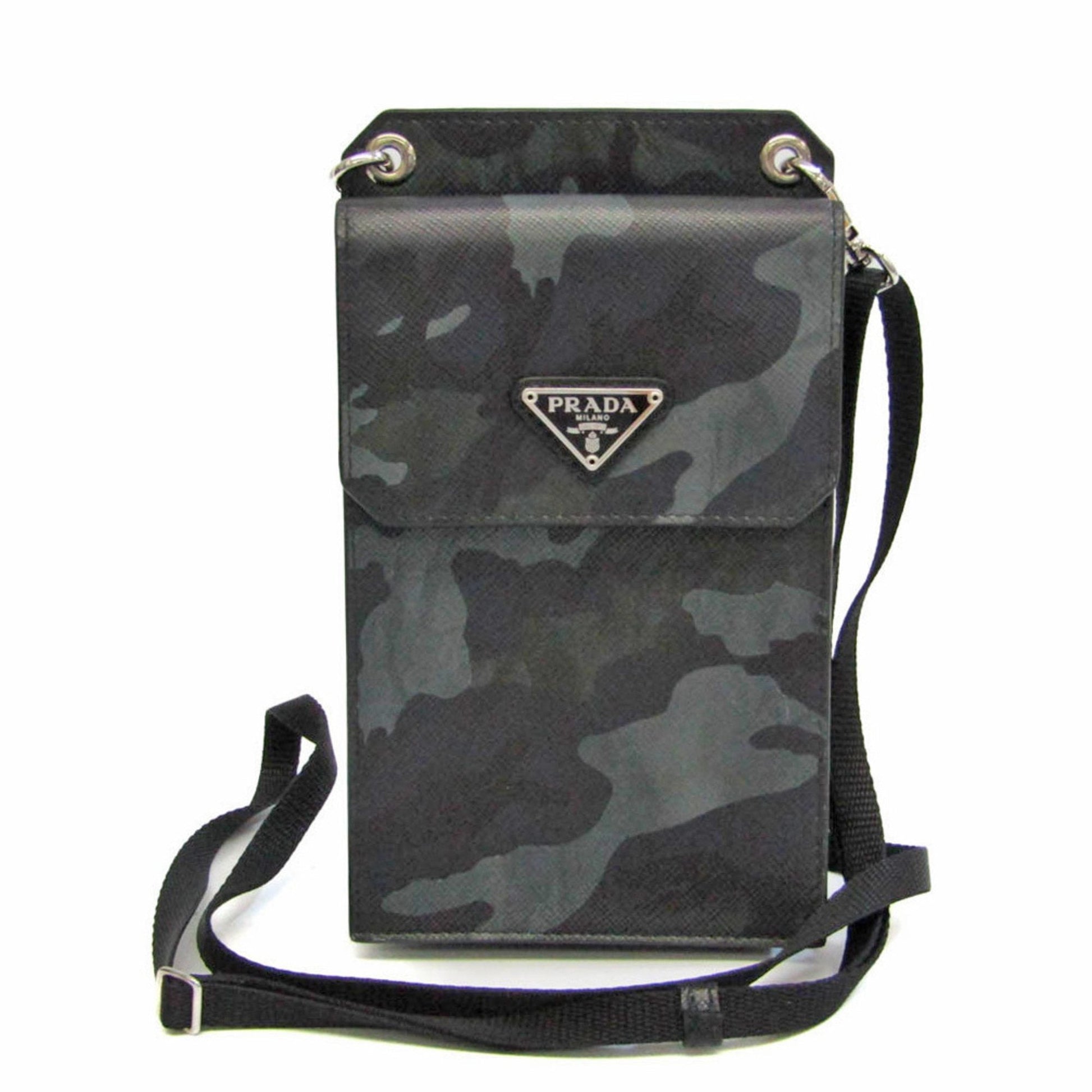 Prada Shoulder Pouch Women Shoulder Bag Khaki Saffiano Black