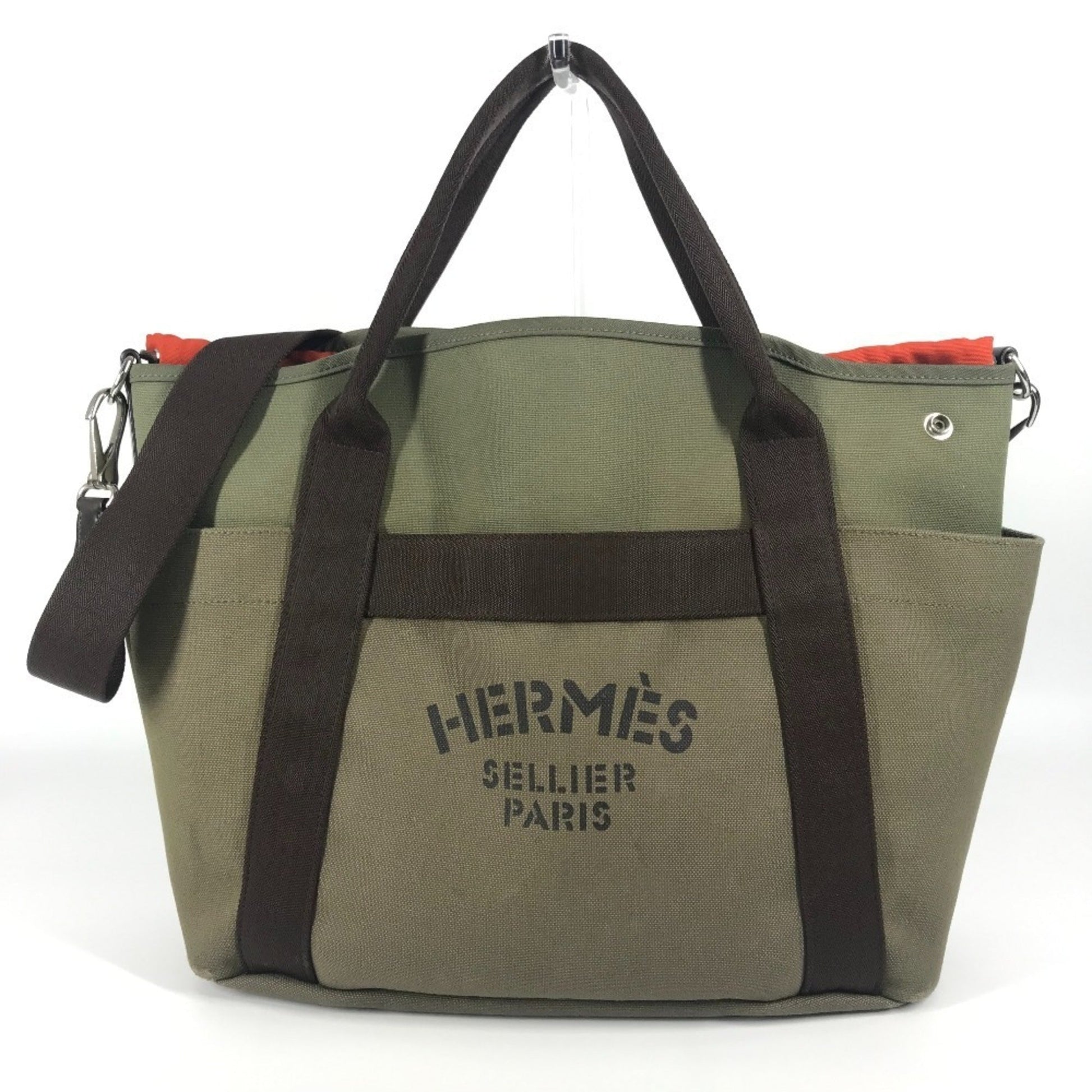 Hermes Khaki Shoulder Bag Tote Bag Leather Canvas Brown