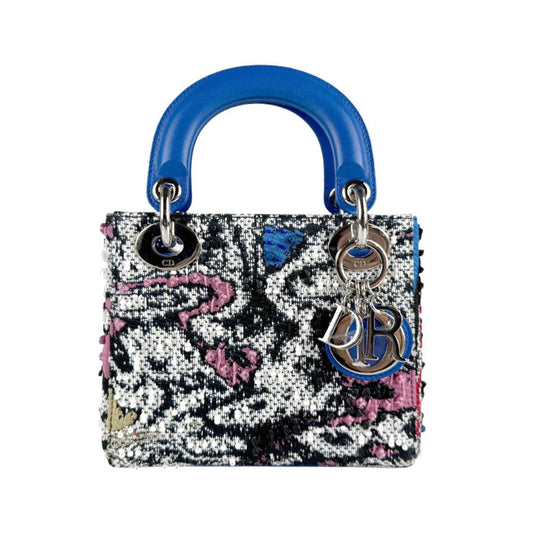 Dior Handbag Christian Tweed Shoulder Bag Leather Black Blue