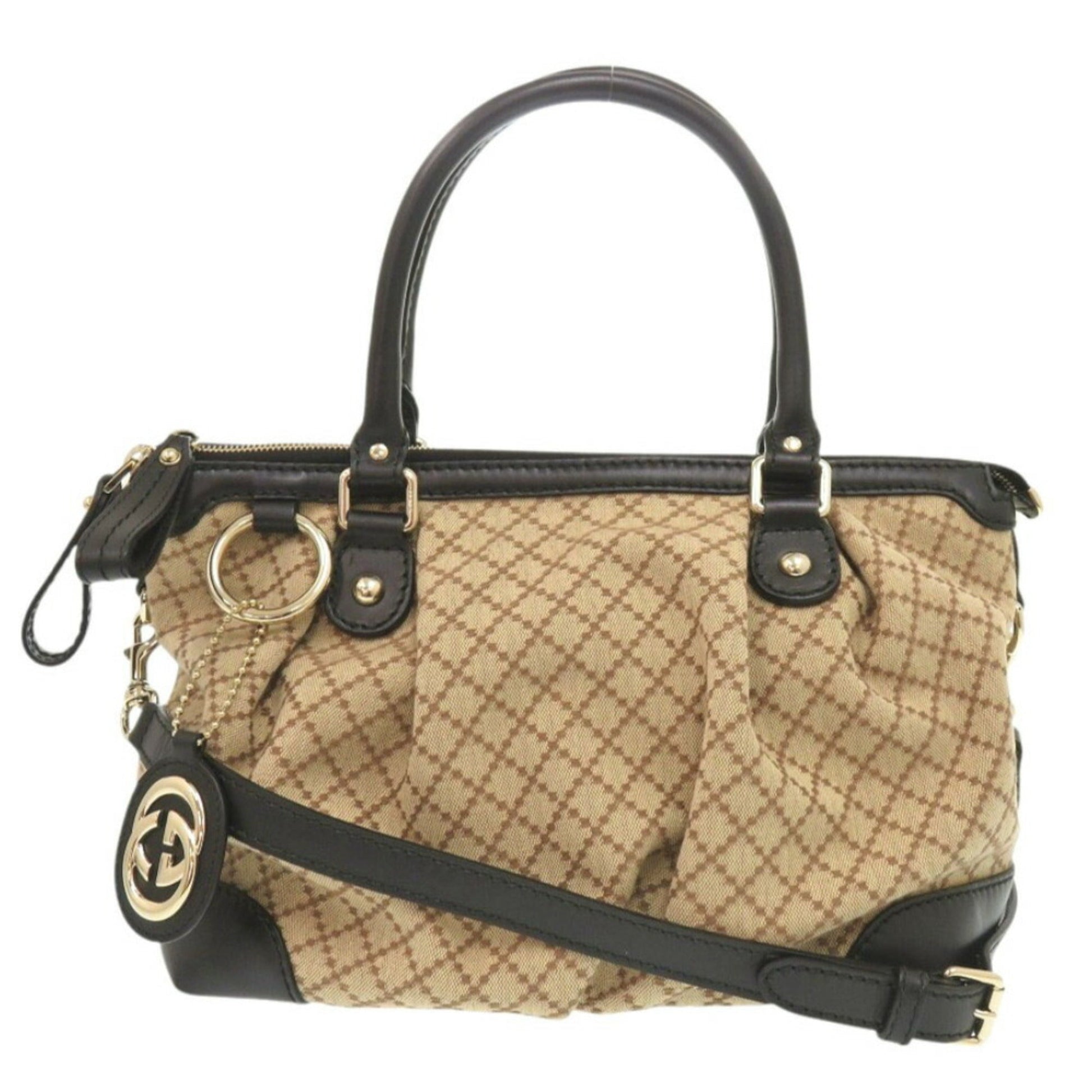 Gucci Beige Black Gg Canvas Leather Handbag