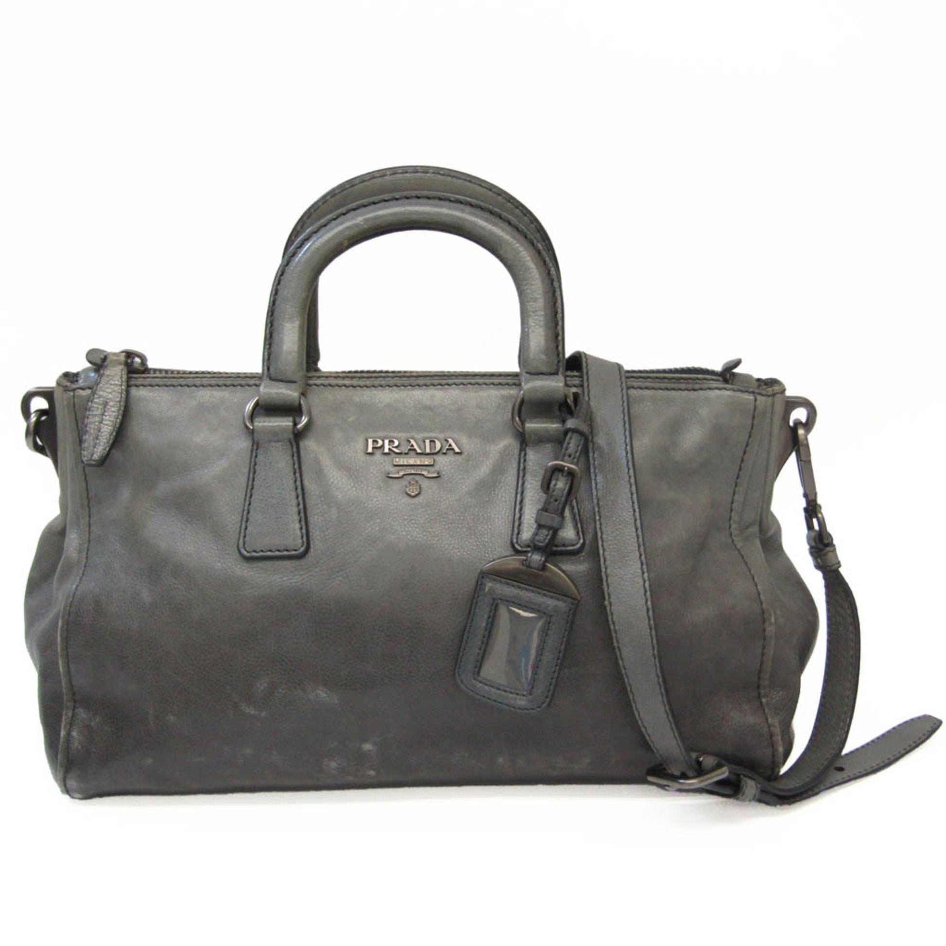 Prada Women Handbag Shoulder Bag Leather Gray Navy