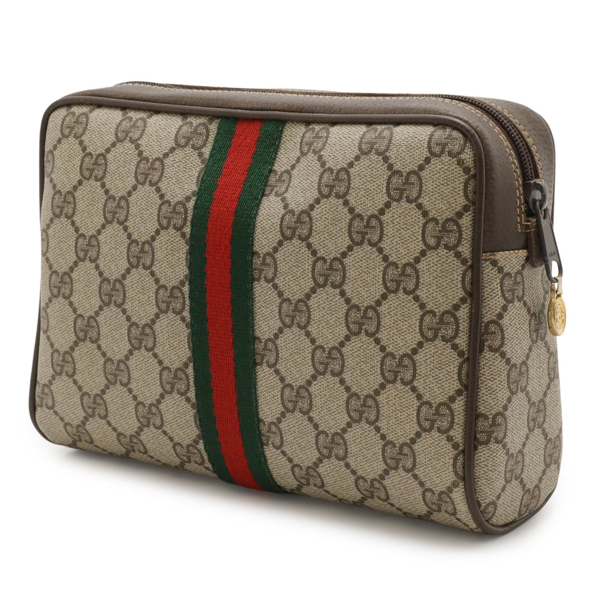Gucci Beige Brown Green Red Color Coated Canvas Leather Clutch Bag