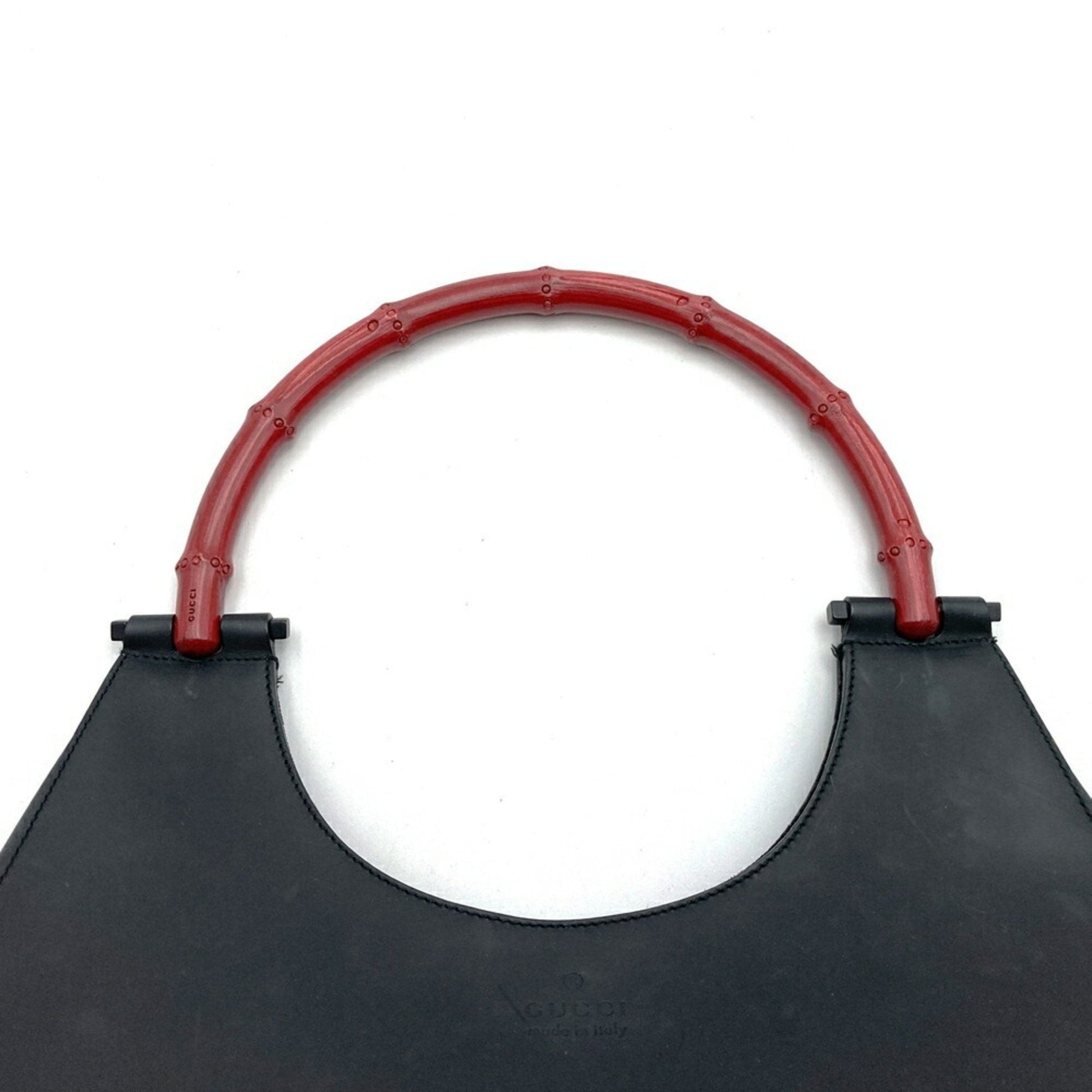 Gucci Black Red Color Leather Bamboo Shoulder Bag