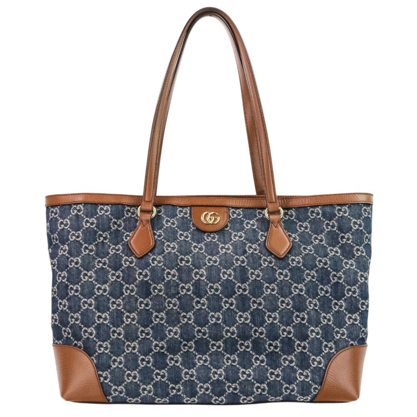 Gucci Brown Dark Blue Denim Leather Tote Bag