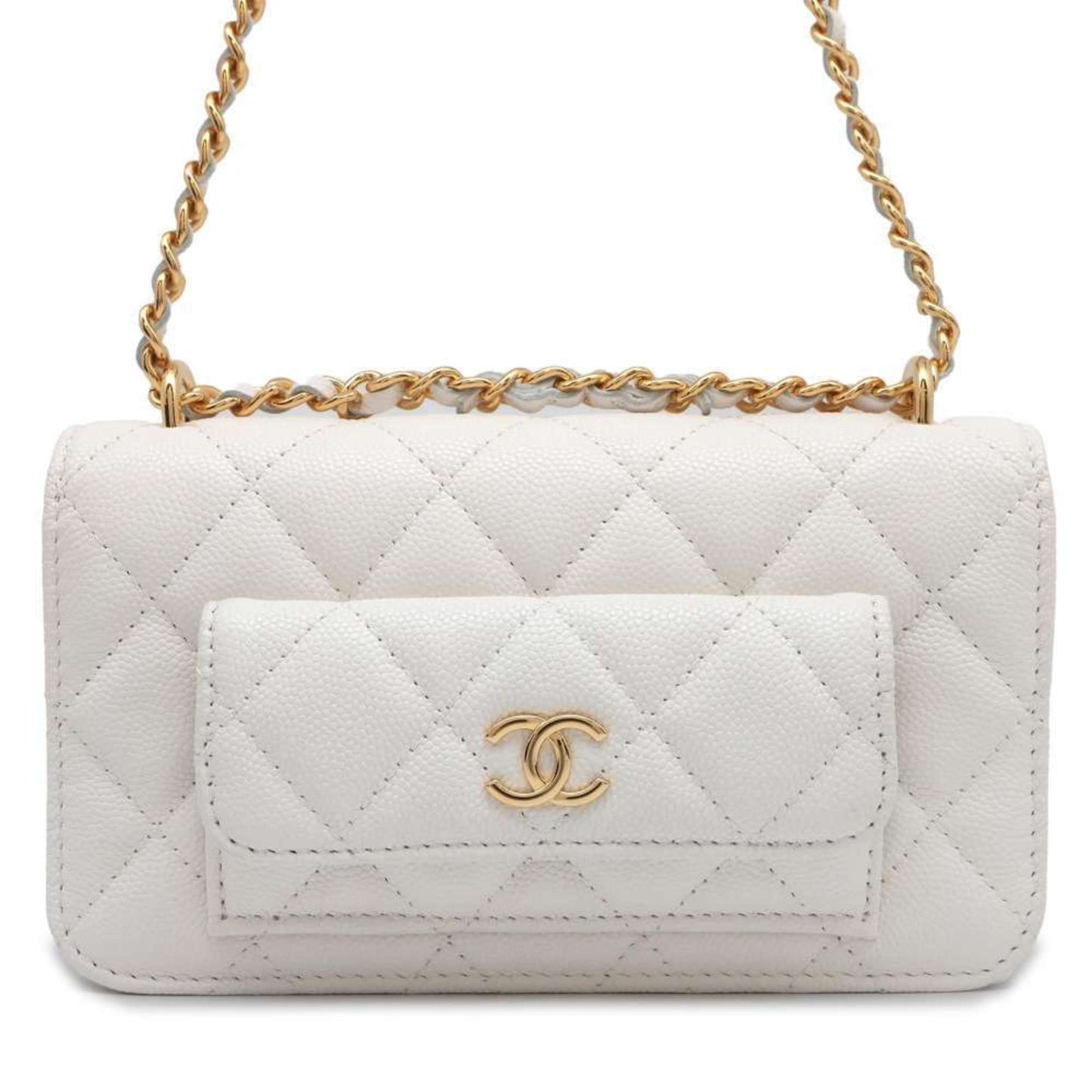 Chanel Chain Wallet Matelasse Coco Mark Caviar Skin CHANEL Pochette White Pouch Women's WALLET