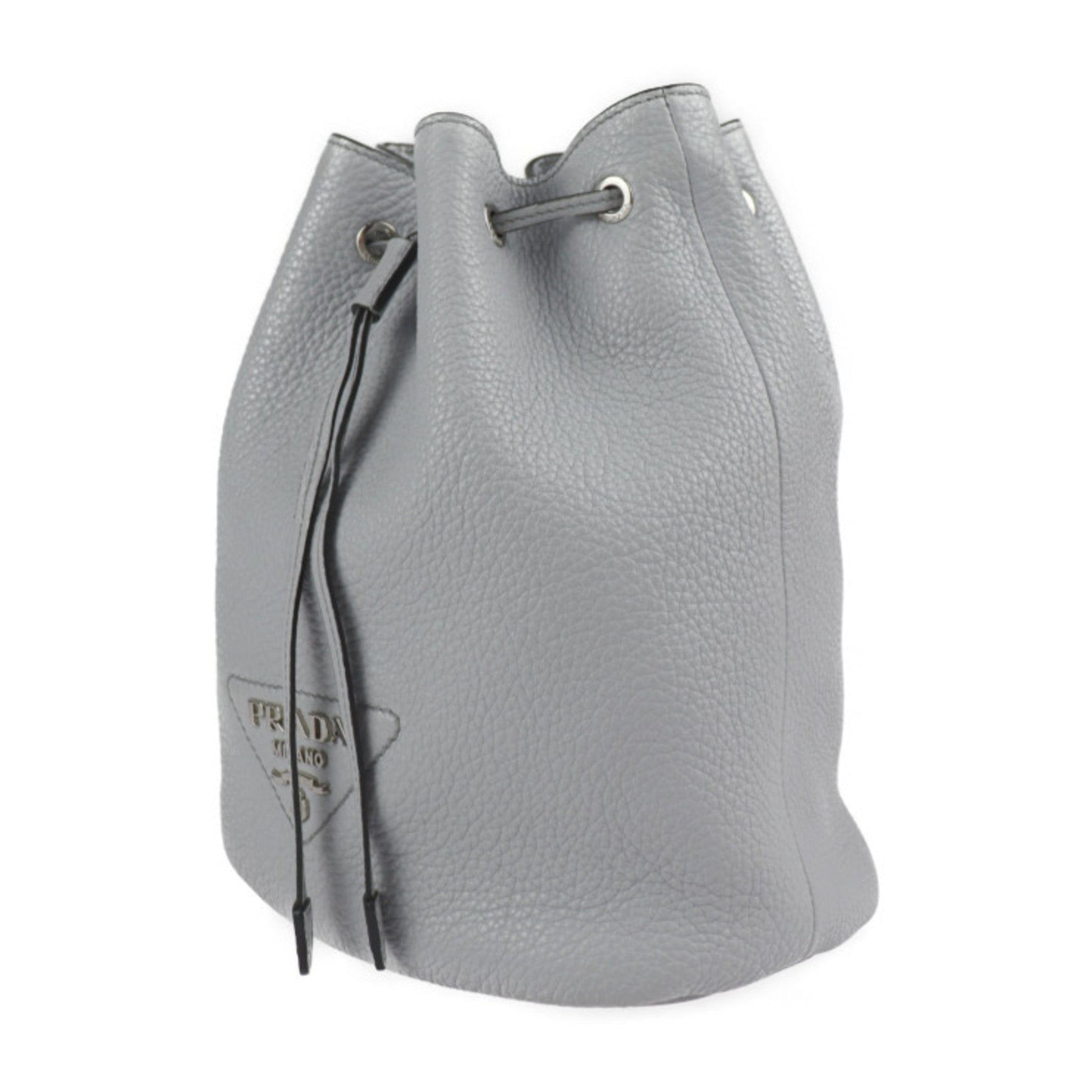 Prada Shoulder Bag Hardware Drawstring Triangle Plate Leather Silver Gray