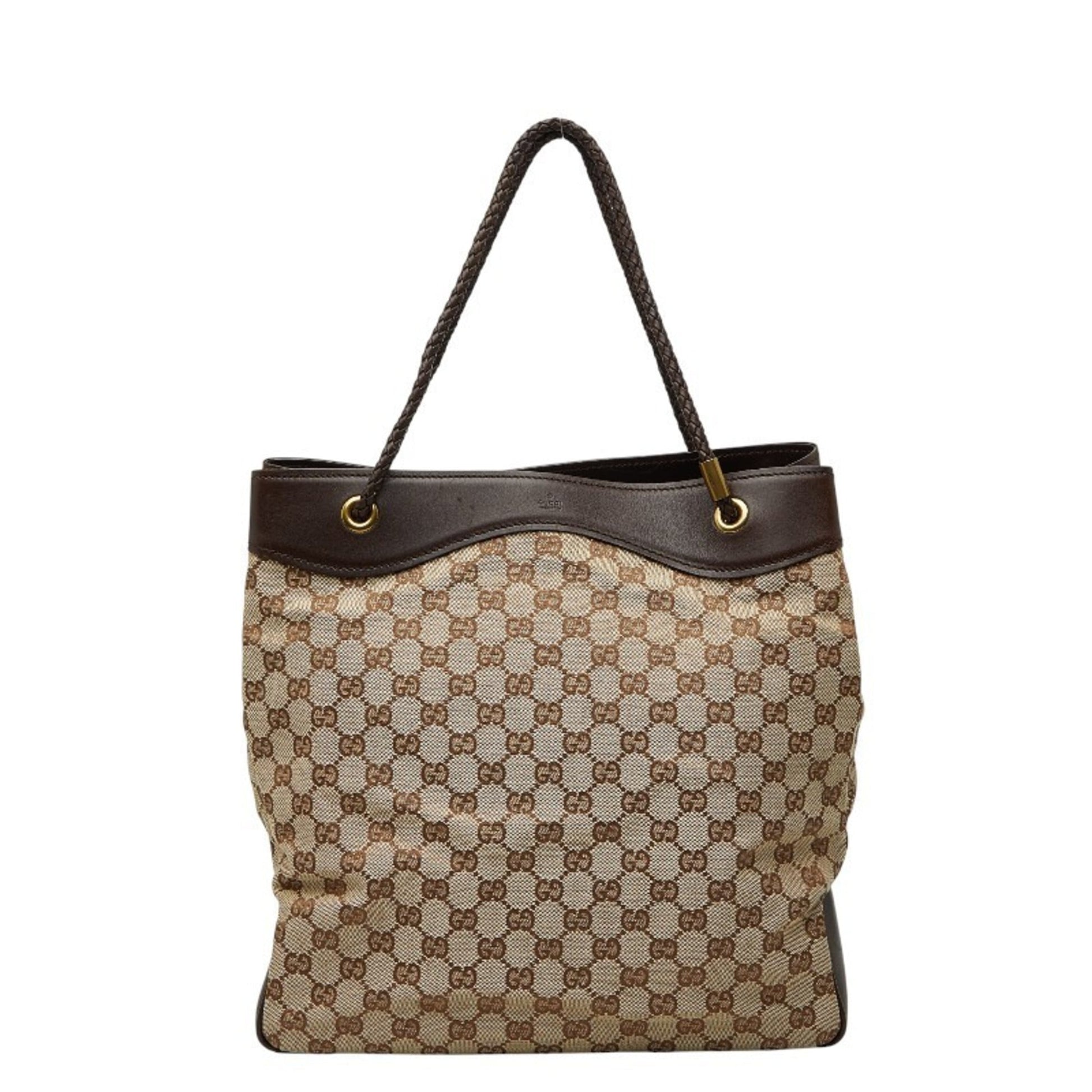 Gucci Beige Brown Canvas Leather Shoulder Bag Tote Bag