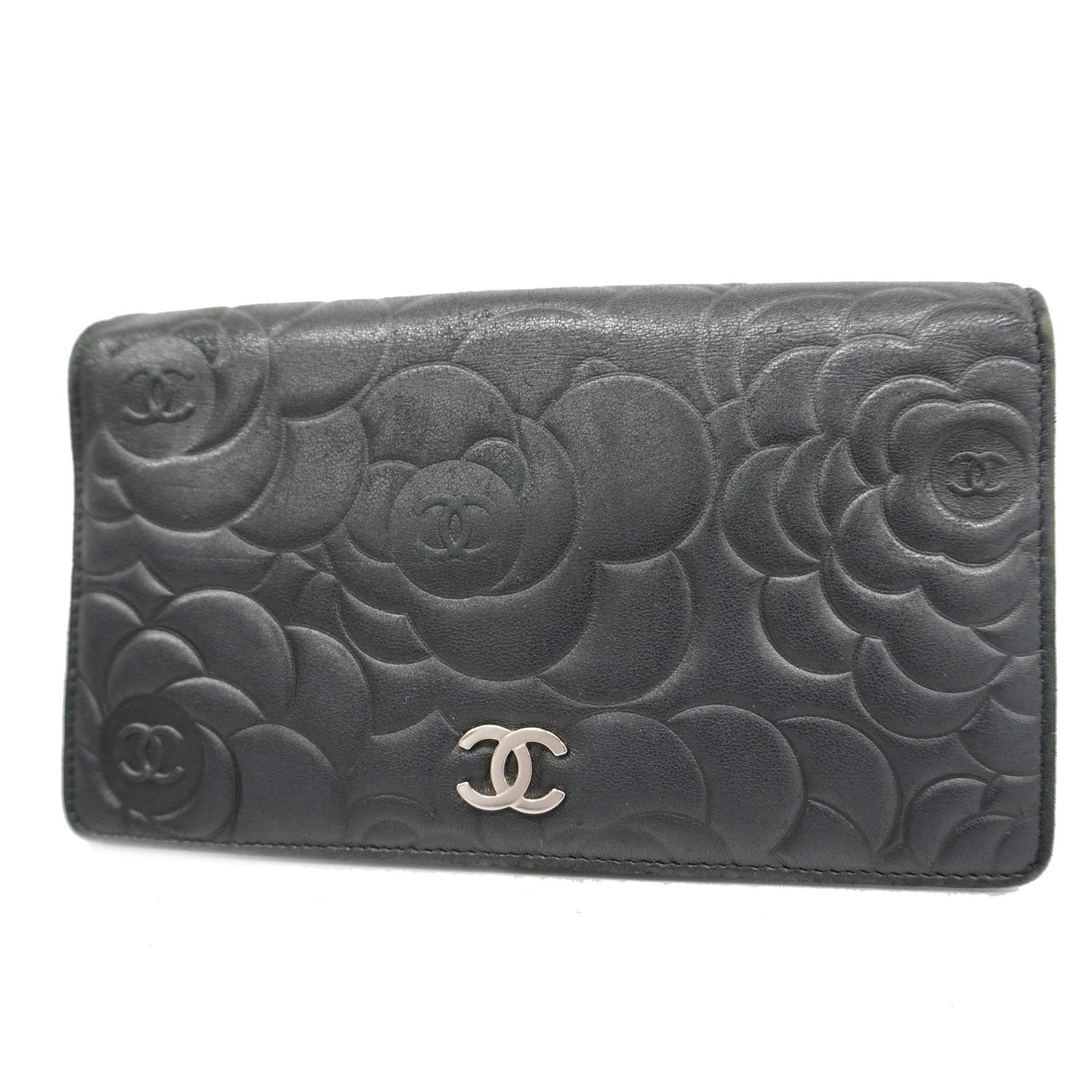 ChanelAuth  Camellia Bi-fold Long Wallet With Silver Metal Women's Lambskin