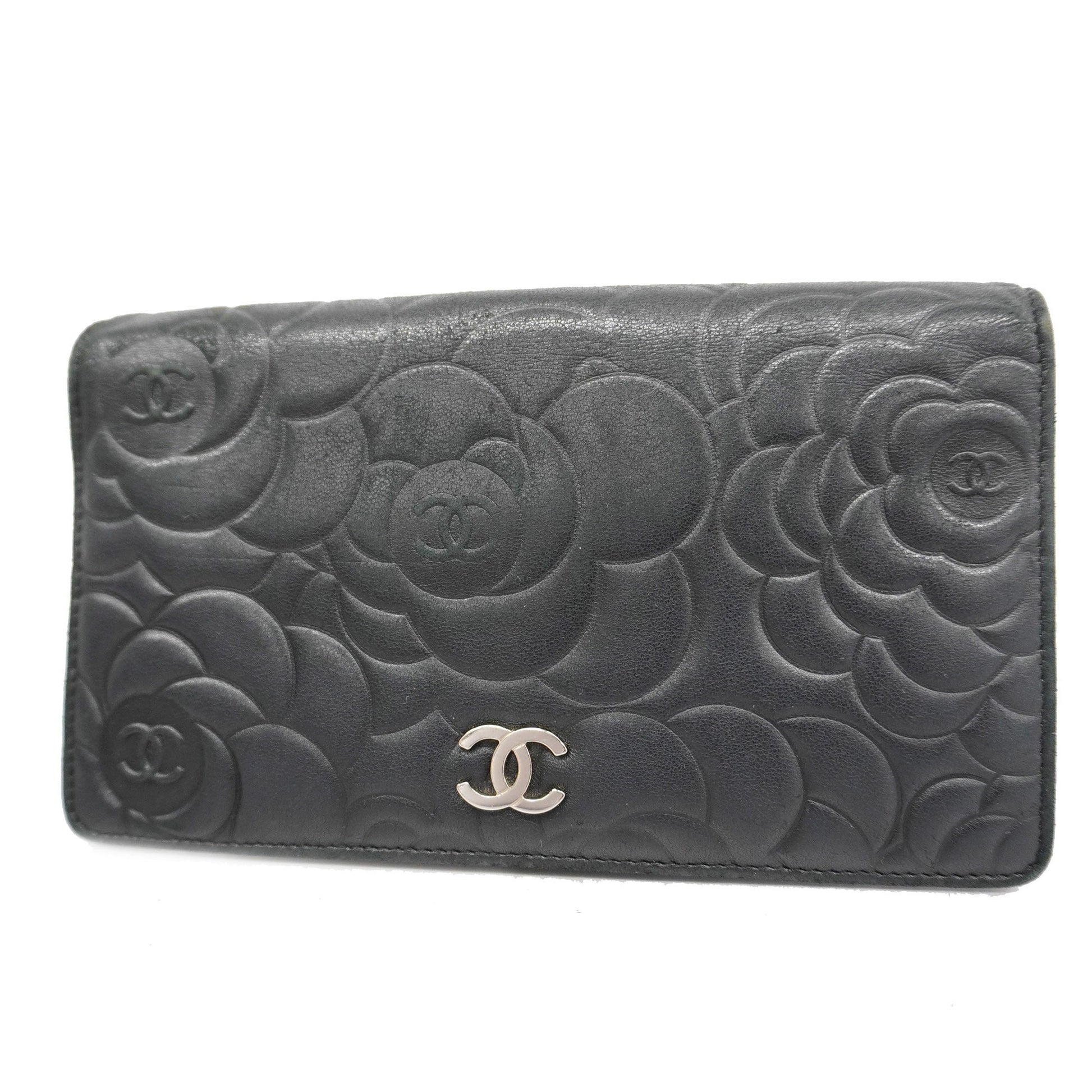 ChanelAuth  Camellia Bi-fold Long Wallet With Silver Metal Women's Lambskin