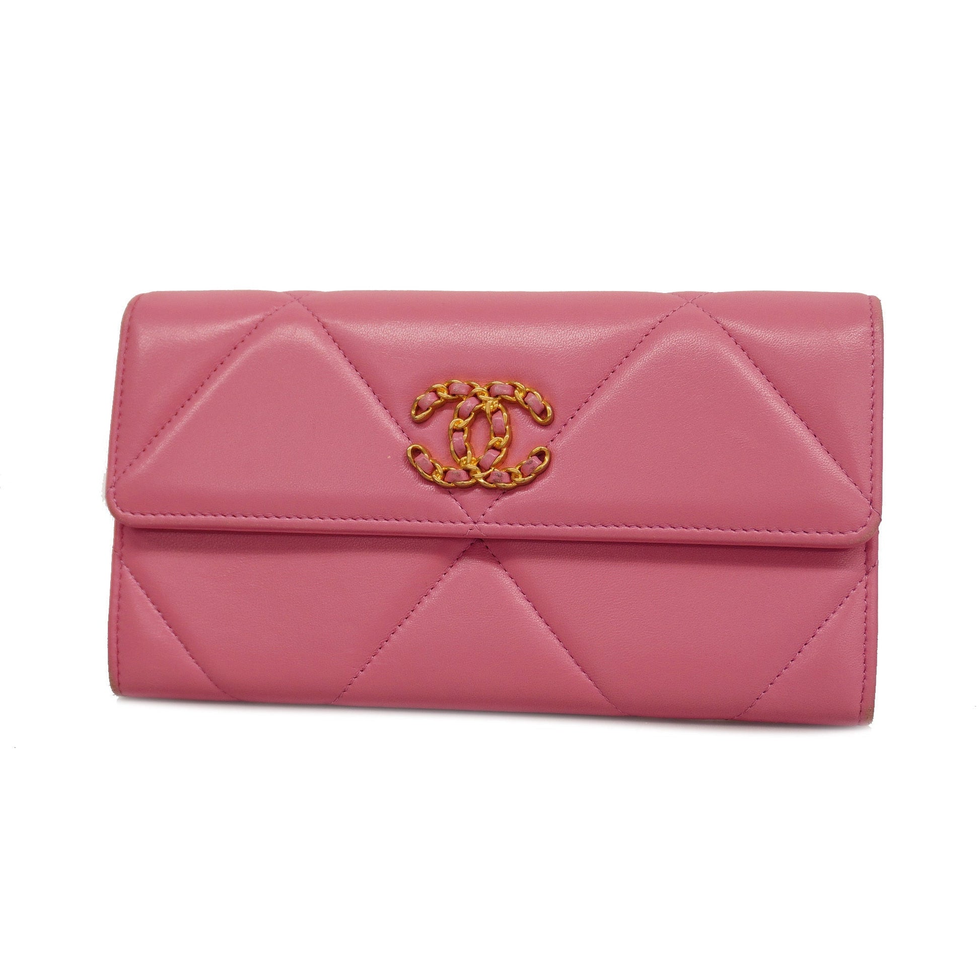 ChanelAuth  19 Gold Hardware Women's Lambskin Long Wallet [bi-fold] Pink