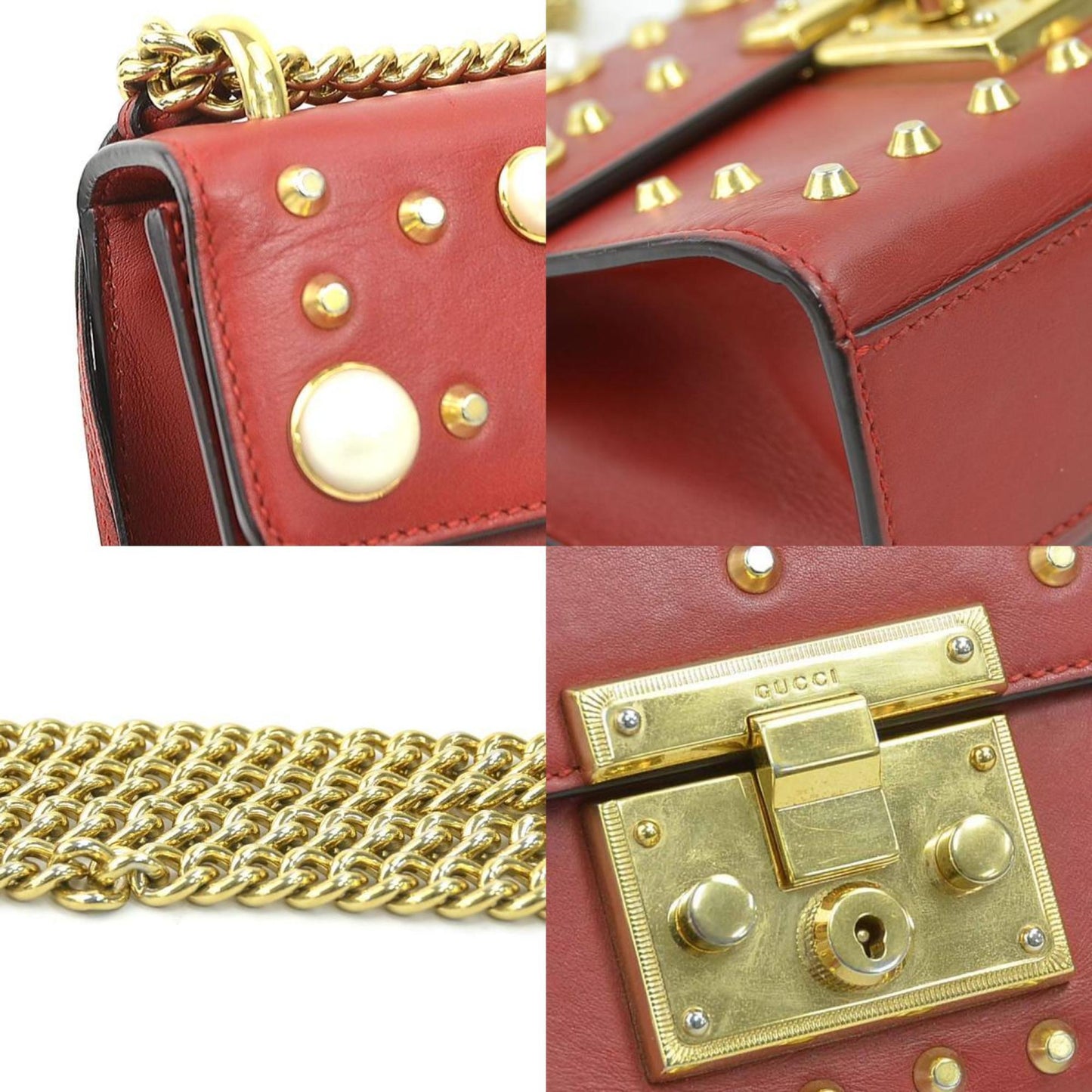 Gucci Red Color Leather Artificial Pearl Metal Shoulder Bag
