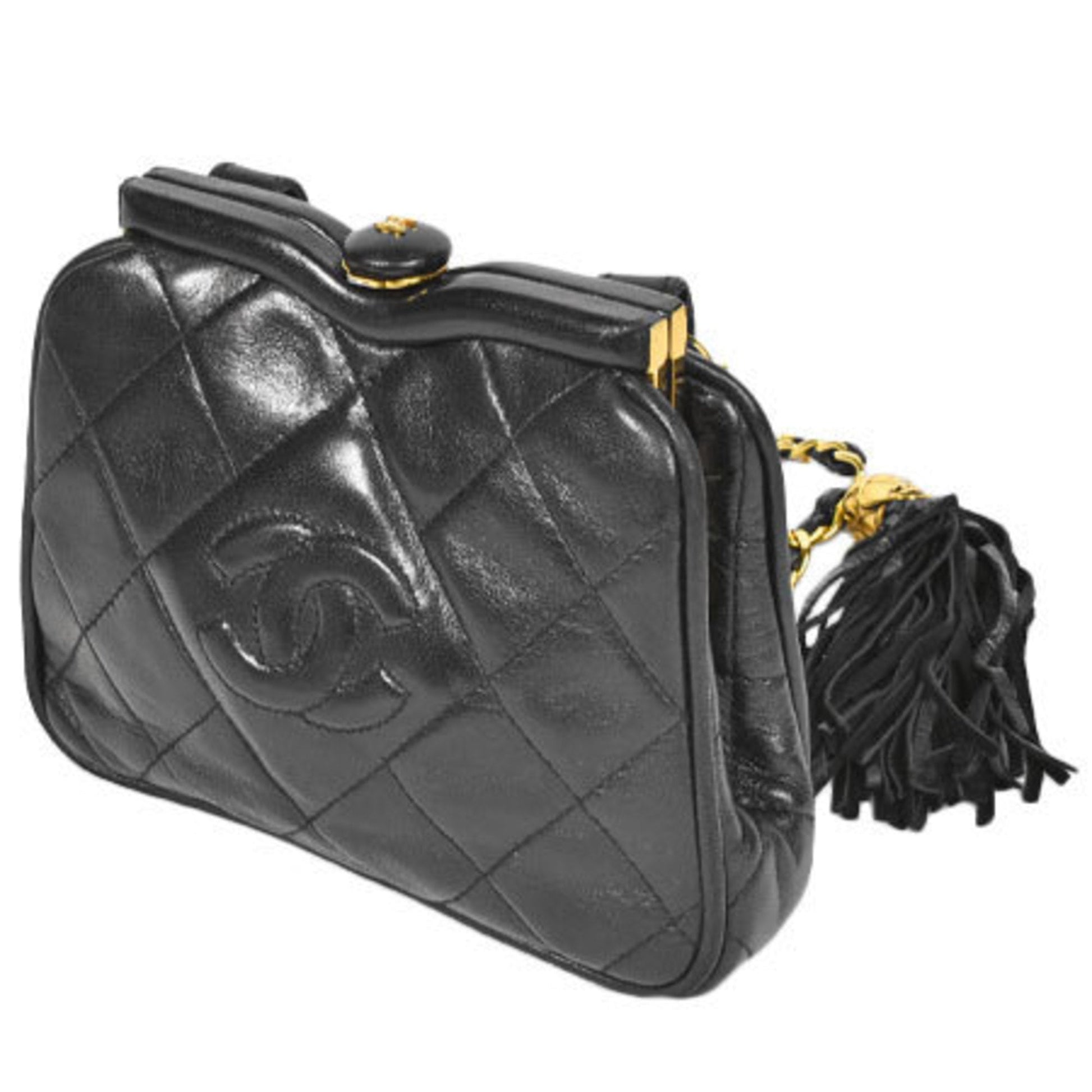 Chanel matelasse here mark chain strap handbag tassel clasp waist pouch black lambskin