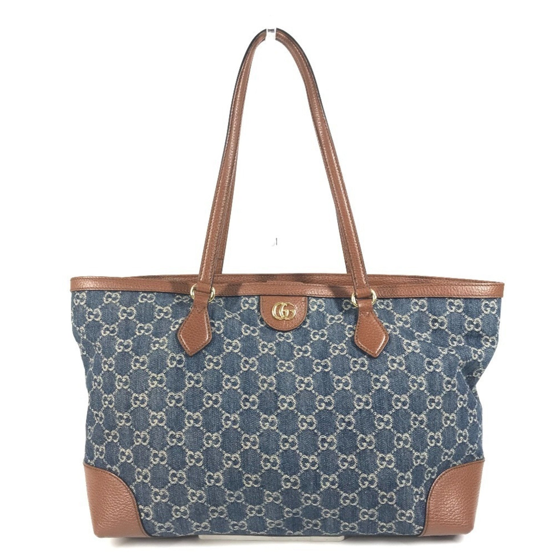 Gucci Blue Brown Denim Leather Shoulder Bag Tote Bag