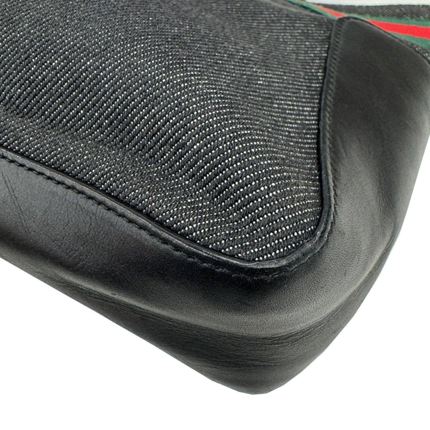 Gucci Sherry Line Black Denim Leather Handbag Tote Bag