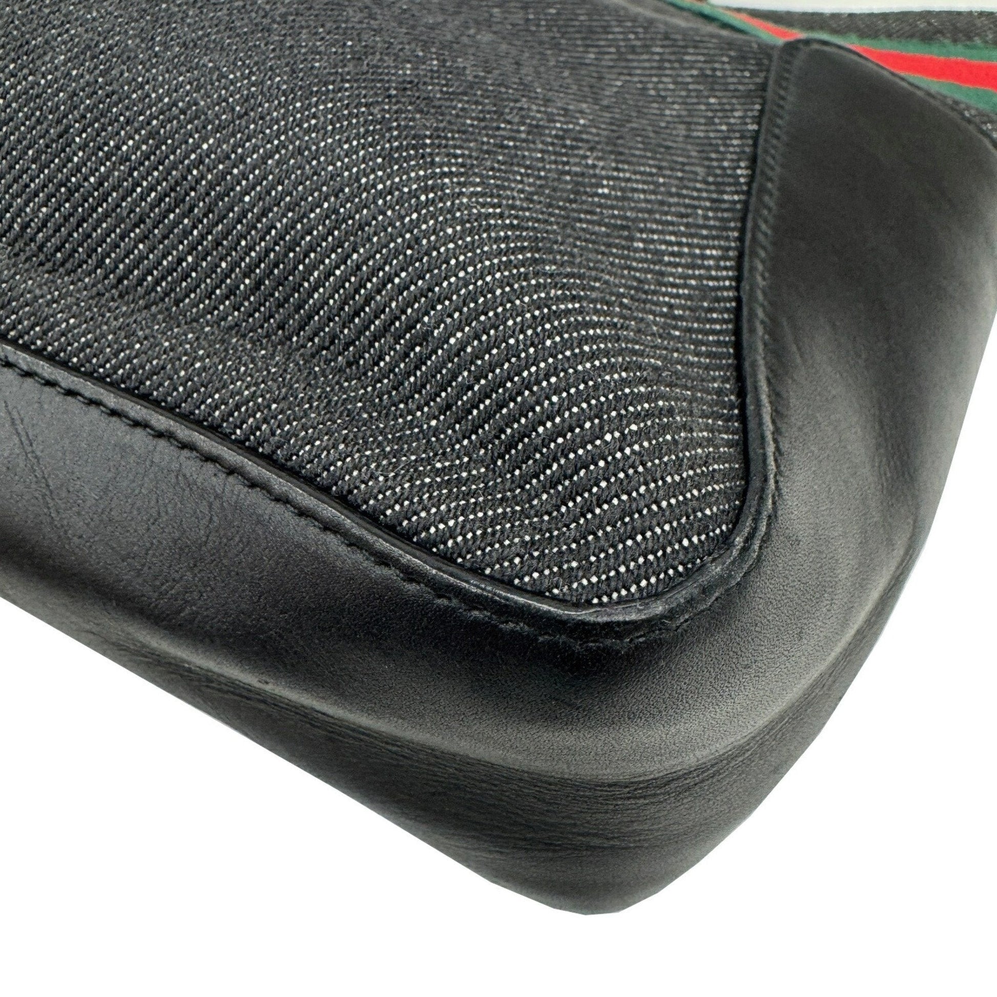 Gucci Sherry Line Black Denim Leather Handbag Tote Bag