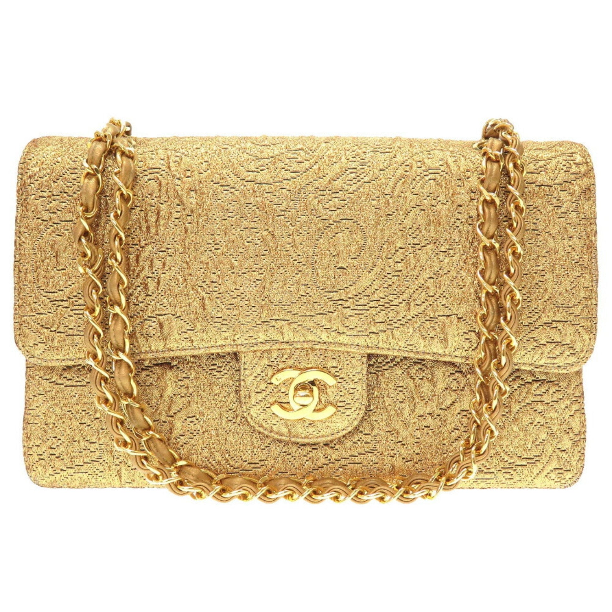 Chanel Nishijin Woven Double Flap Satin Leather Gold Chain Shoulder Bag Cocomark Turnlock