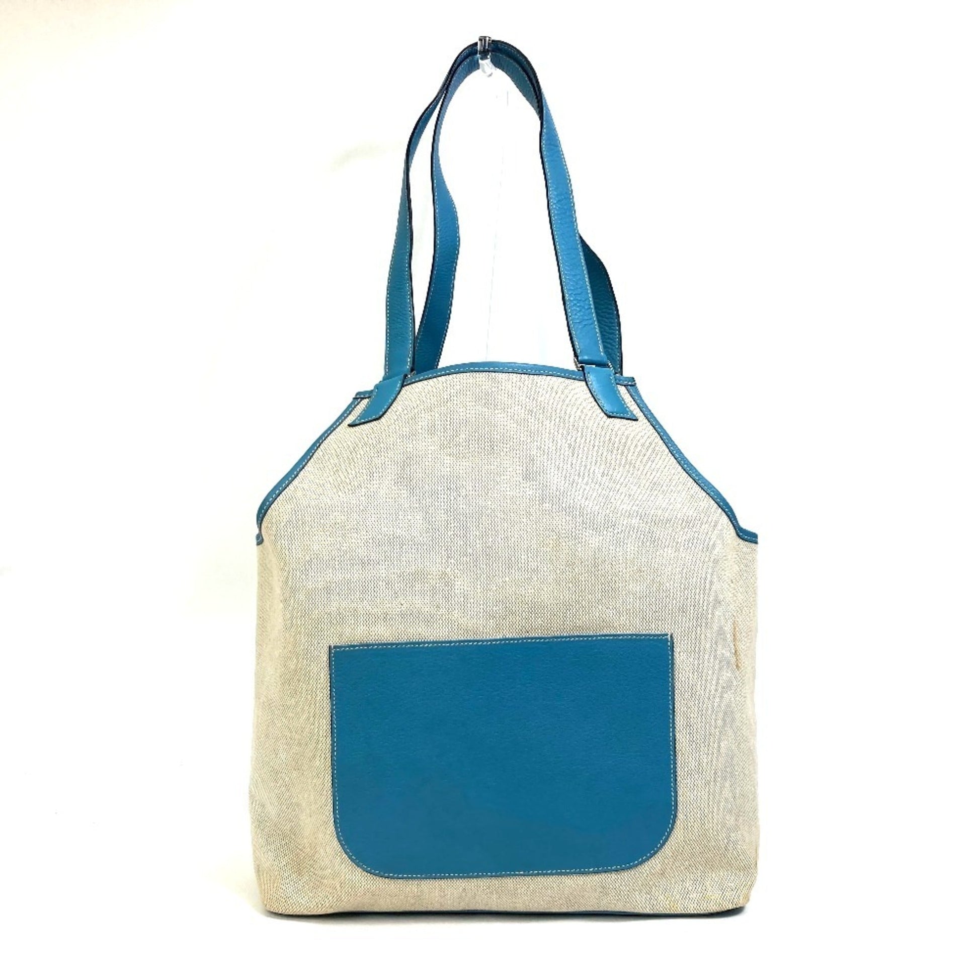 Hermes Jardinier Natural Toile Taurillon Clemence Shoulder Bag Tote Leather Blue