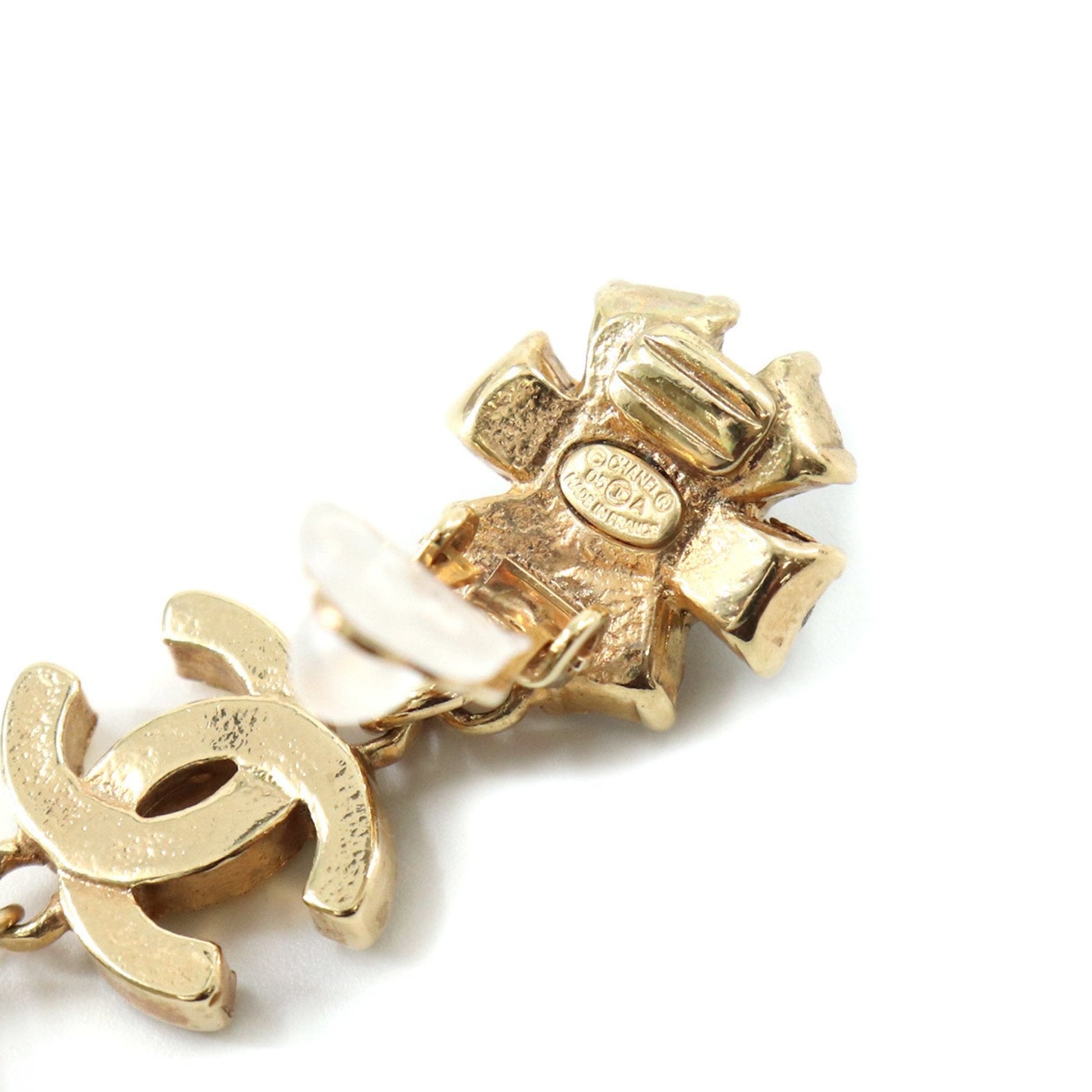 Chanel here mark rhinestone fake pearl earrings gold 05A accessories