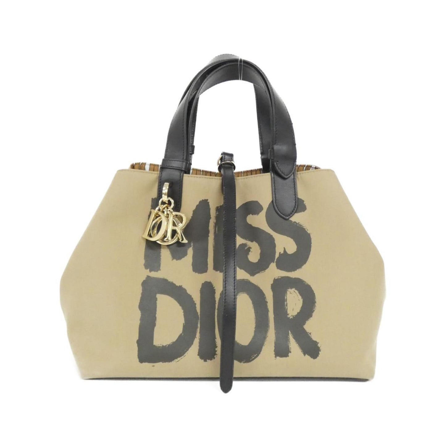 Dior Handbag Christian Cotton Leather Black Beige
