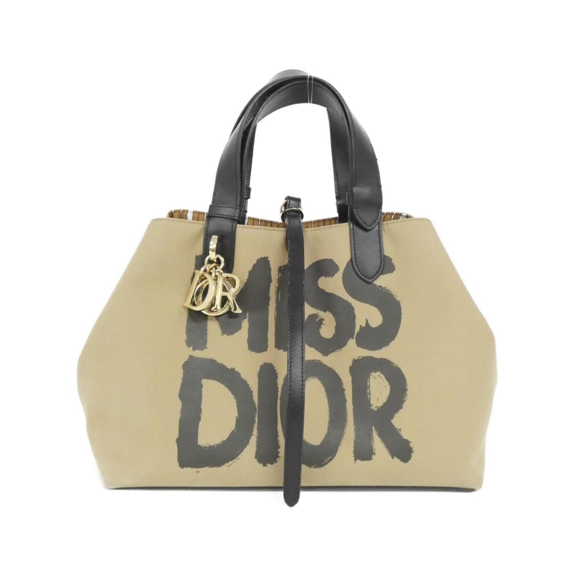 Dior Handbag Christian Cotton Leather Black Beige