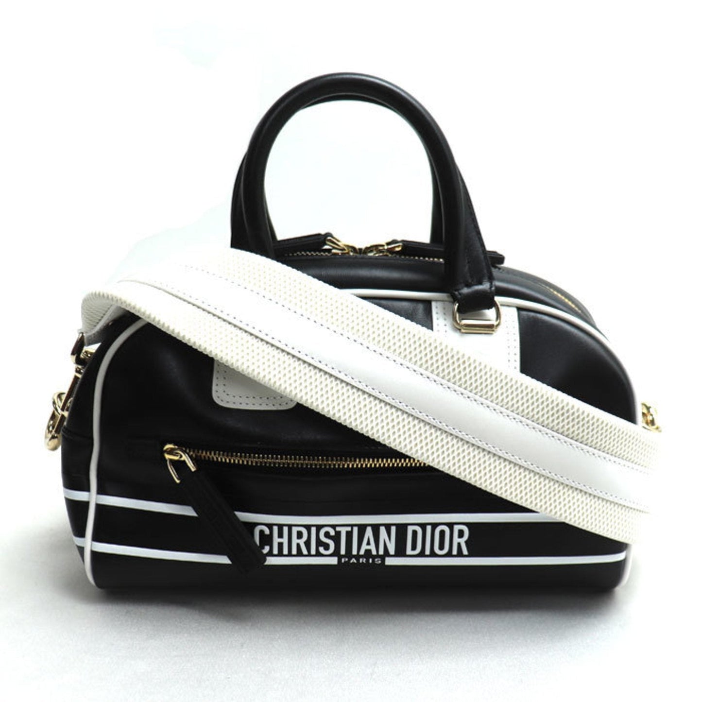 Dior Handbag Christian Shoulder Bag Leather Black White 2