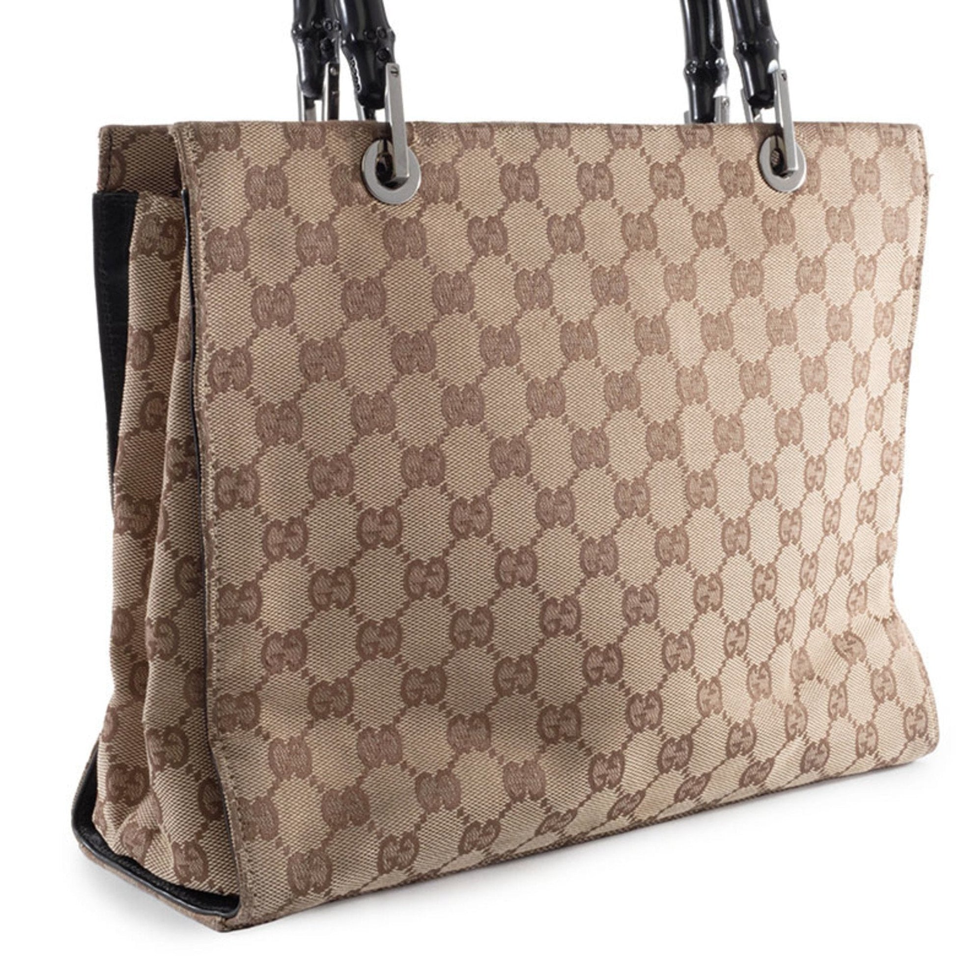 Gucci Beige Black Bamboo Canvas Handbag