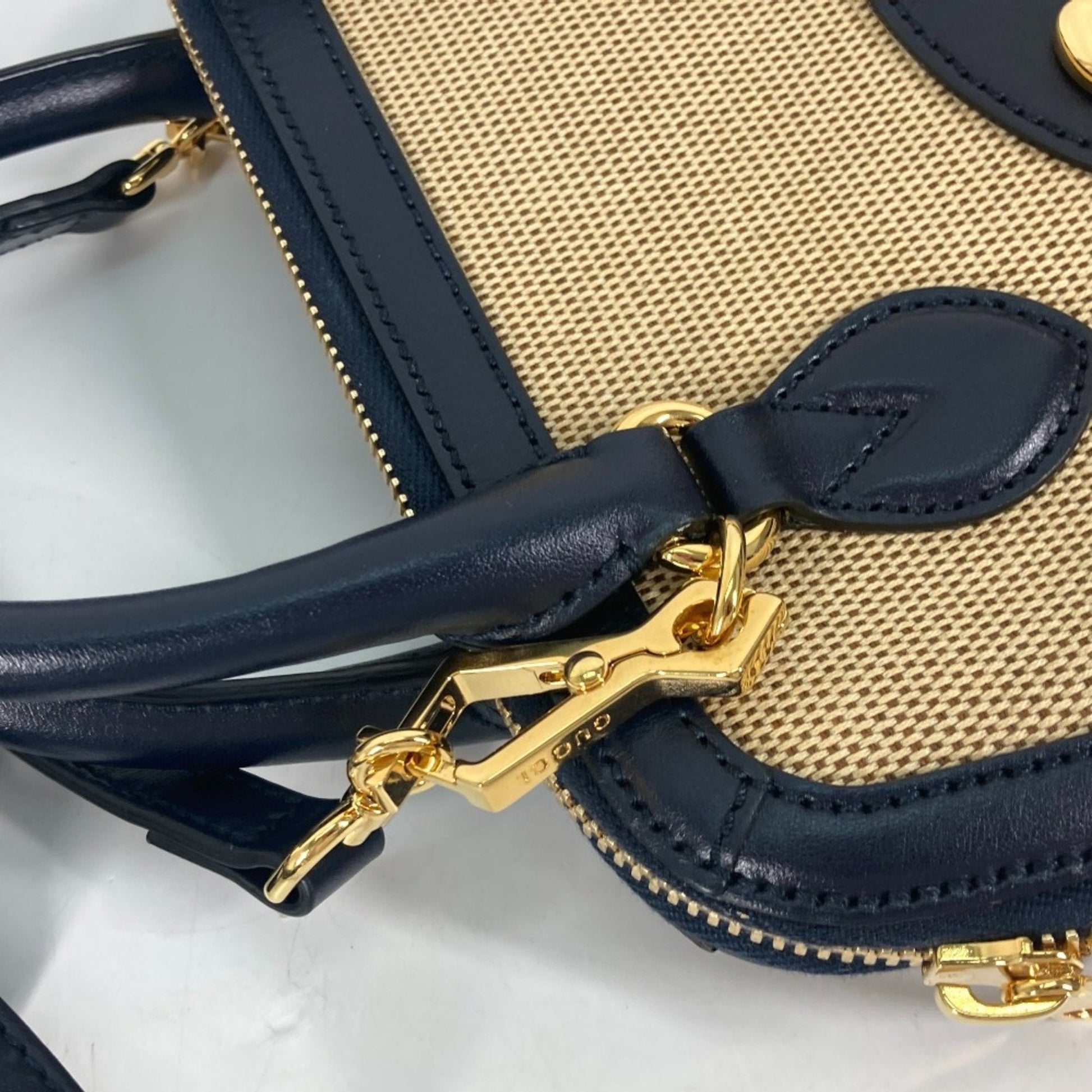 Gucci Beige Dark Navy Canvas Leather Handbag Shoulder Bag