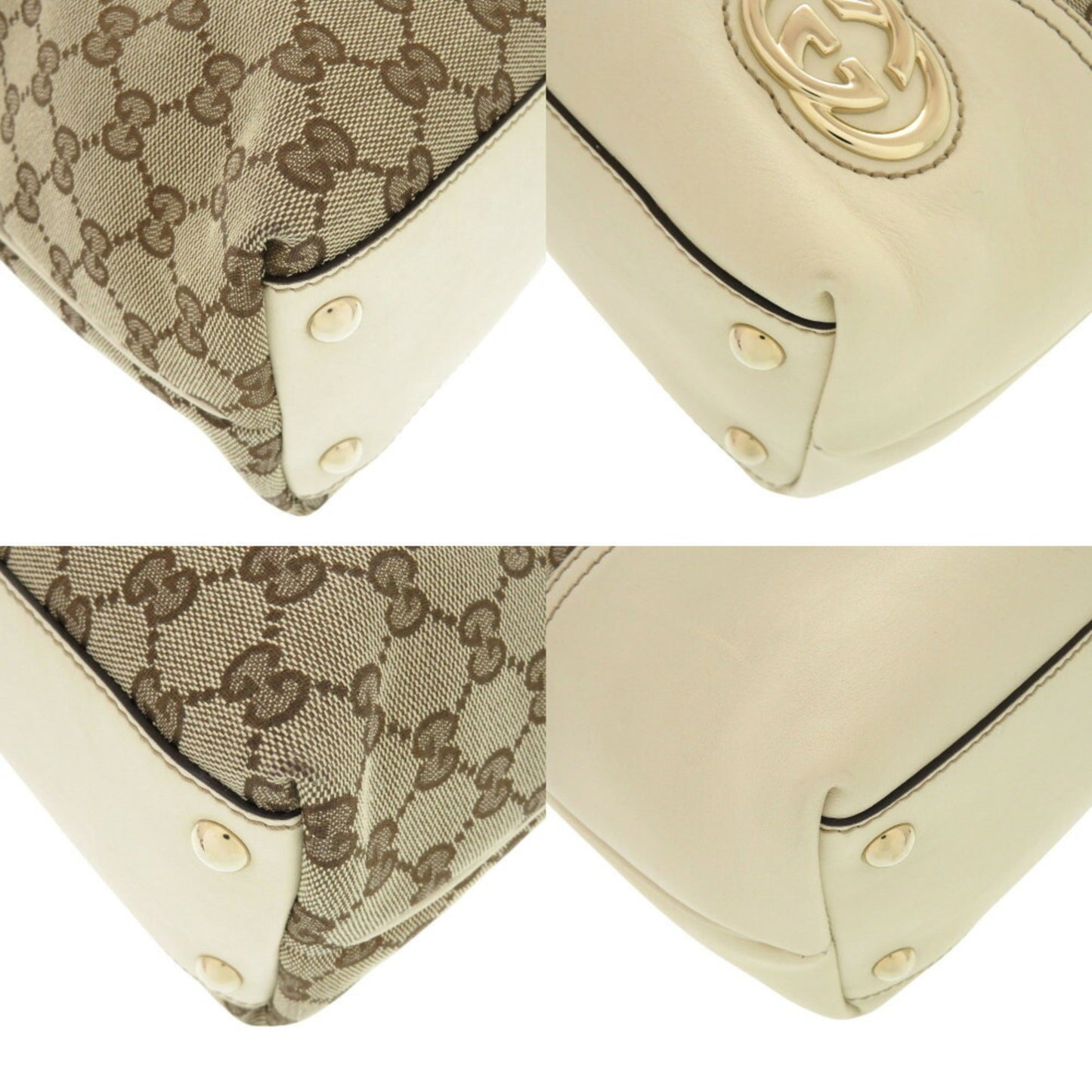 Gucci Beige White Gg Canvas Leather Tote Bag