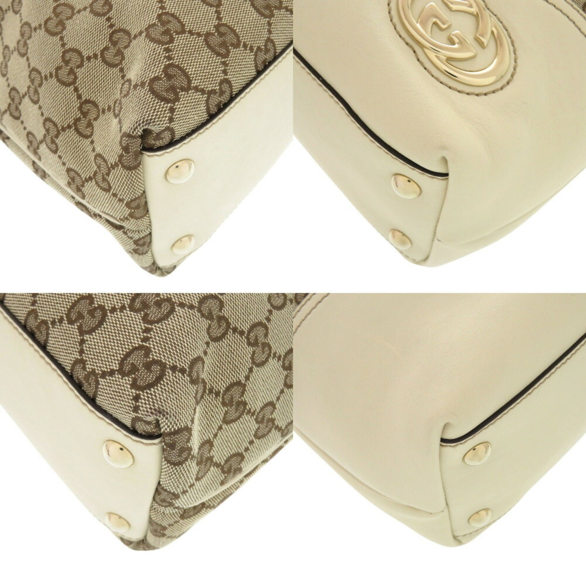 Gucci Beige White Gg Canvas Leather Tote Bag