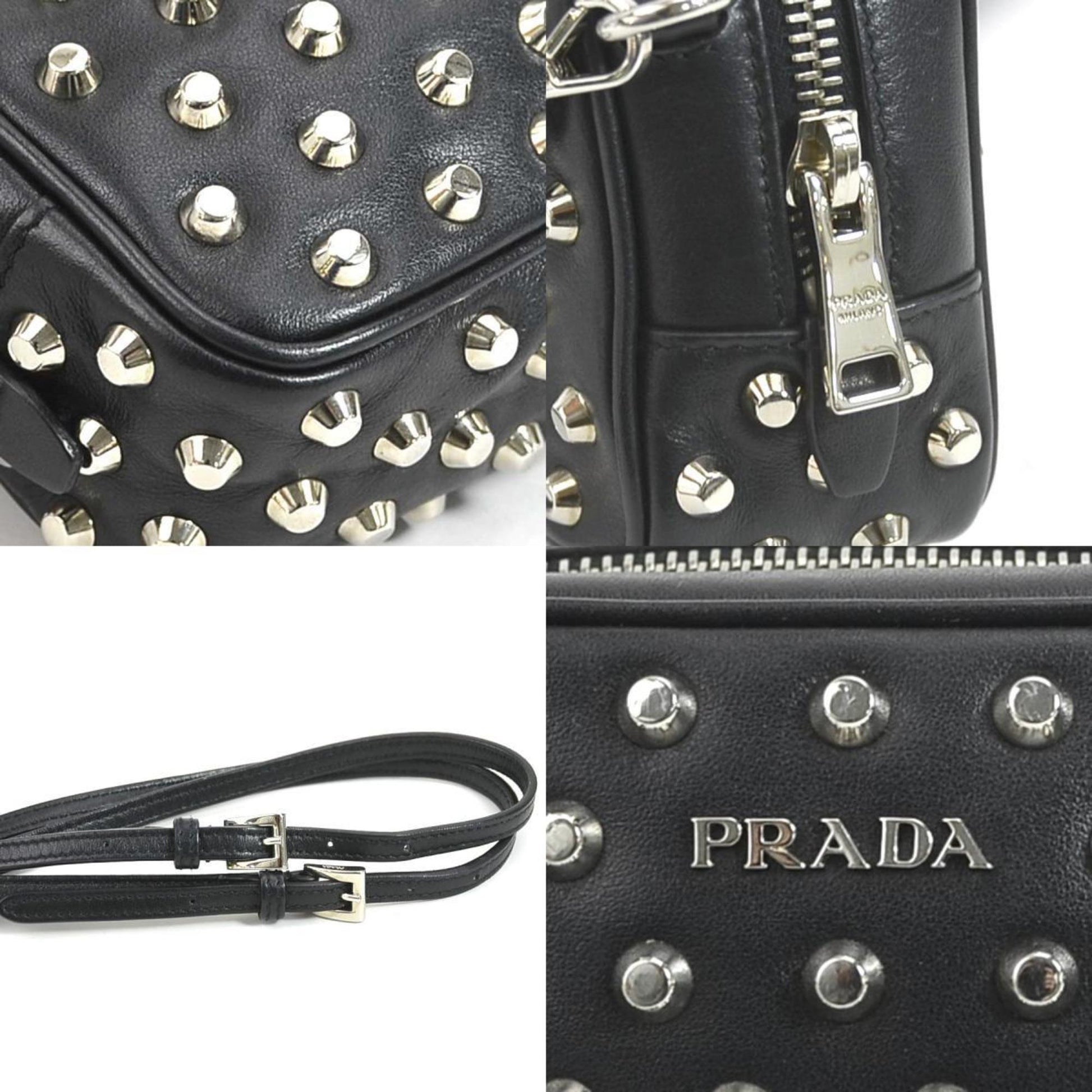 Prada Crossbody Shoulder Bag Studded Unisex Leather Metal Black
